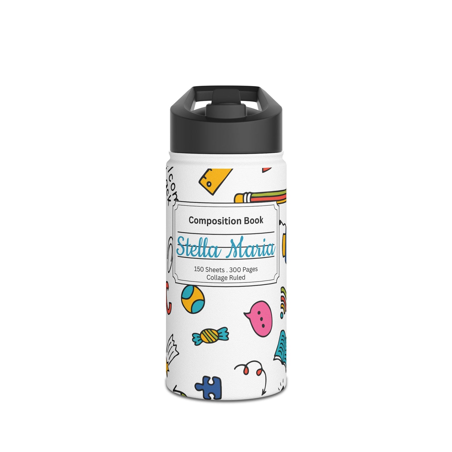 Personalized Classroom Couture Composition Book Inspired Stainless Steel Water Bottle for Kids, School Supplies, Eco-Friendly Drinkware, Back to School, Teacher Gifts