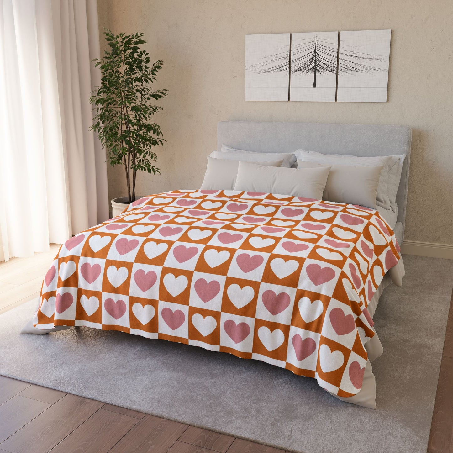 Retro Heart Check Fleece Throw (Pink & Peach) Sherpa Blanket — Gift for Her and Gift for Him