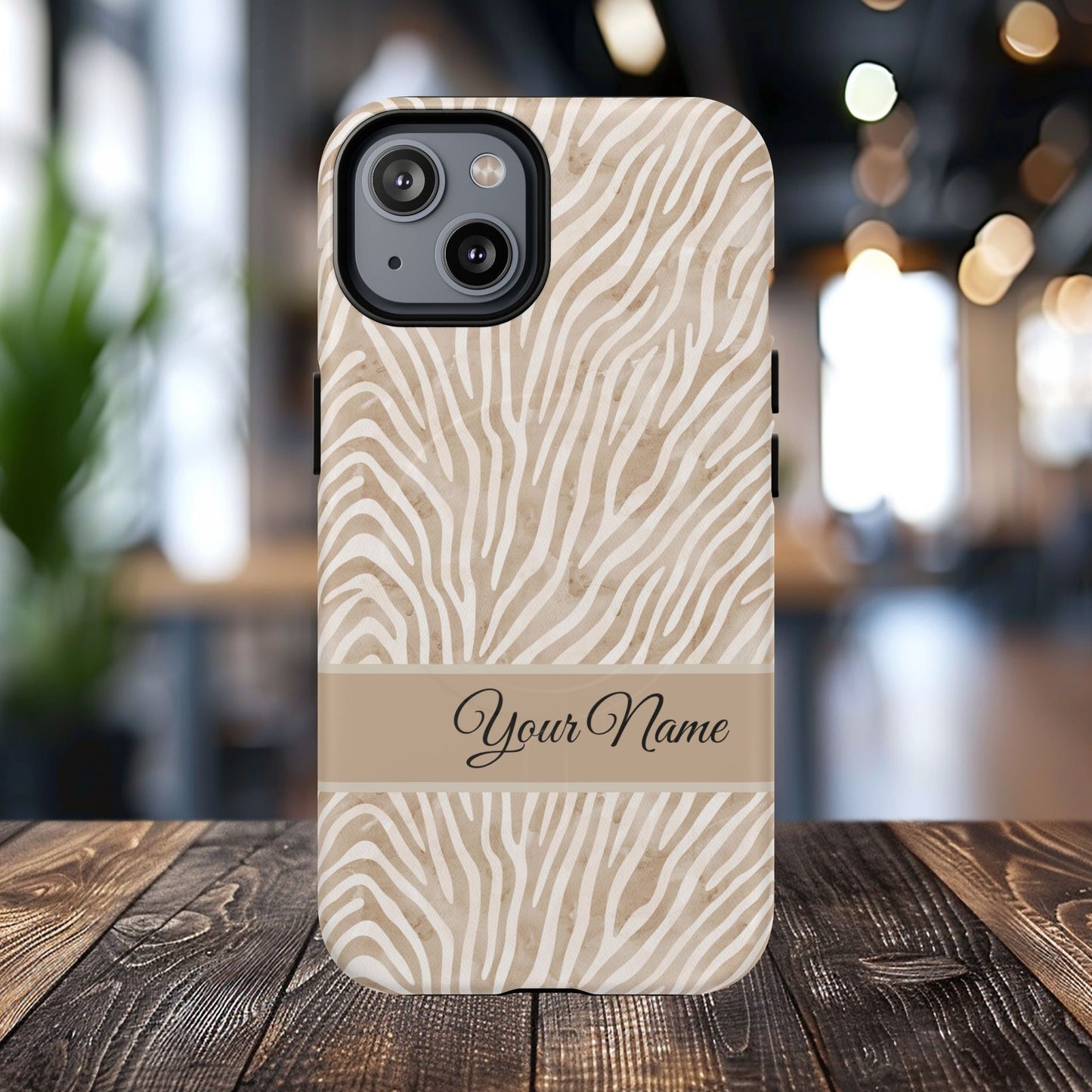Personalized Zebra Animal Print Cover, Tough Magnetic MagSafe® iPhone® 13, 14, 15, 16, 17, Pro, Pro Max, Plus Cases (Custom Name).