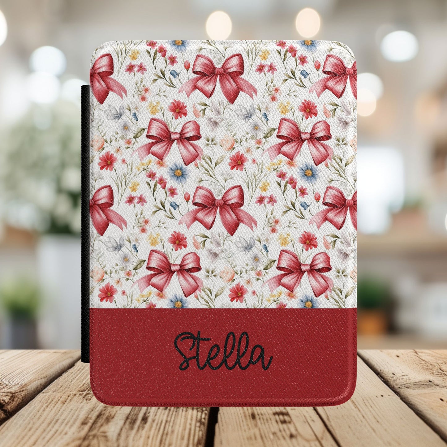 Personalized Rosette Coquette  Kindle Case – Floral Red Bow Pattern with Custom Name