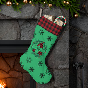 Personalized Buffalo Plaid Santa Stocking – Green Wreath with Name