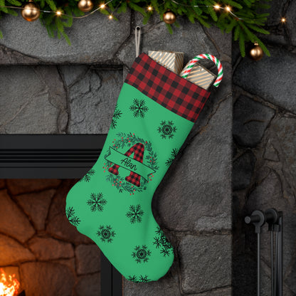 Personalized Buffalo Plaid Santa Stocking – Green Wreath with Name