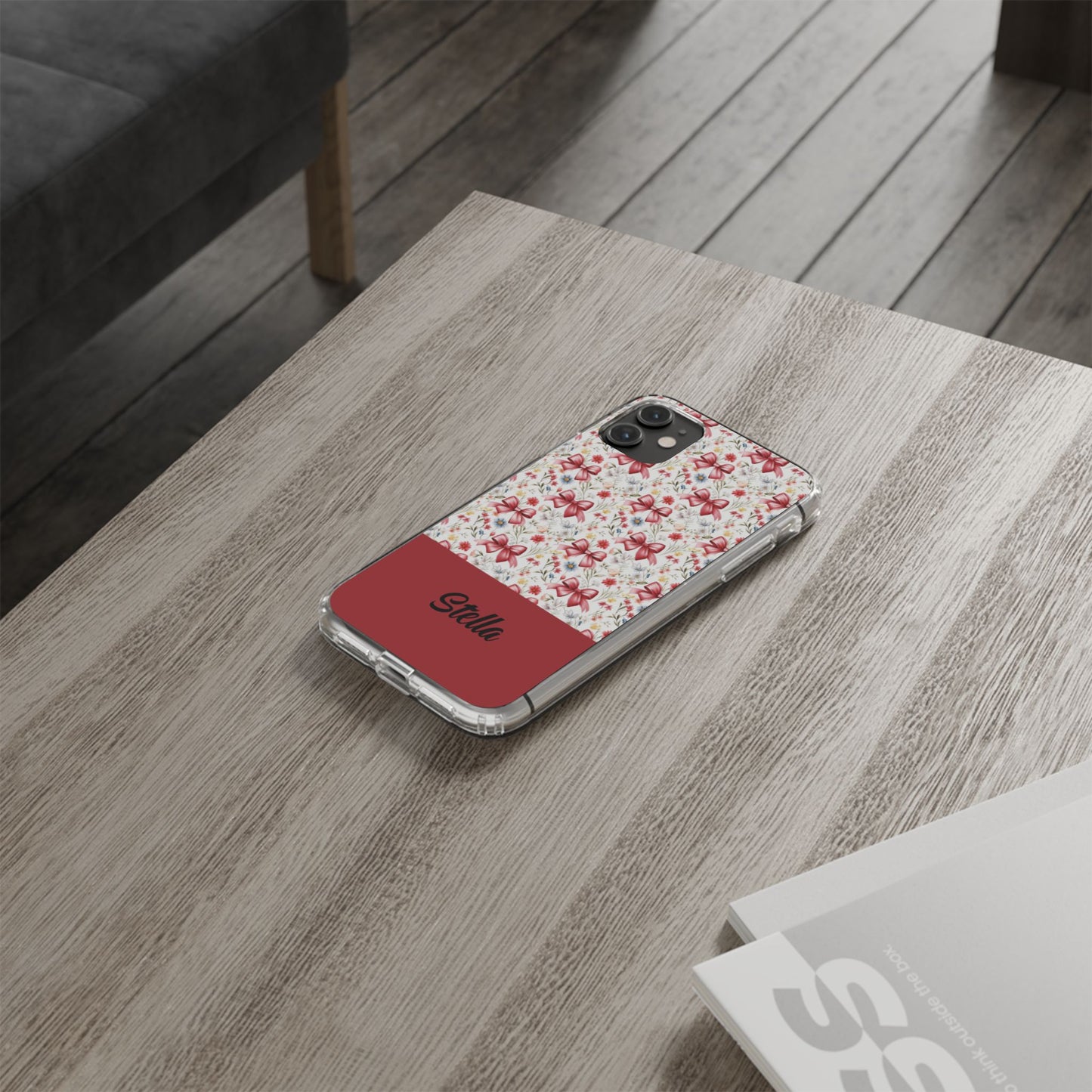 Personalized Rosette Coquette Floral Bow Clear iPhone, Samsung Cases — Custom Name Phone Cover