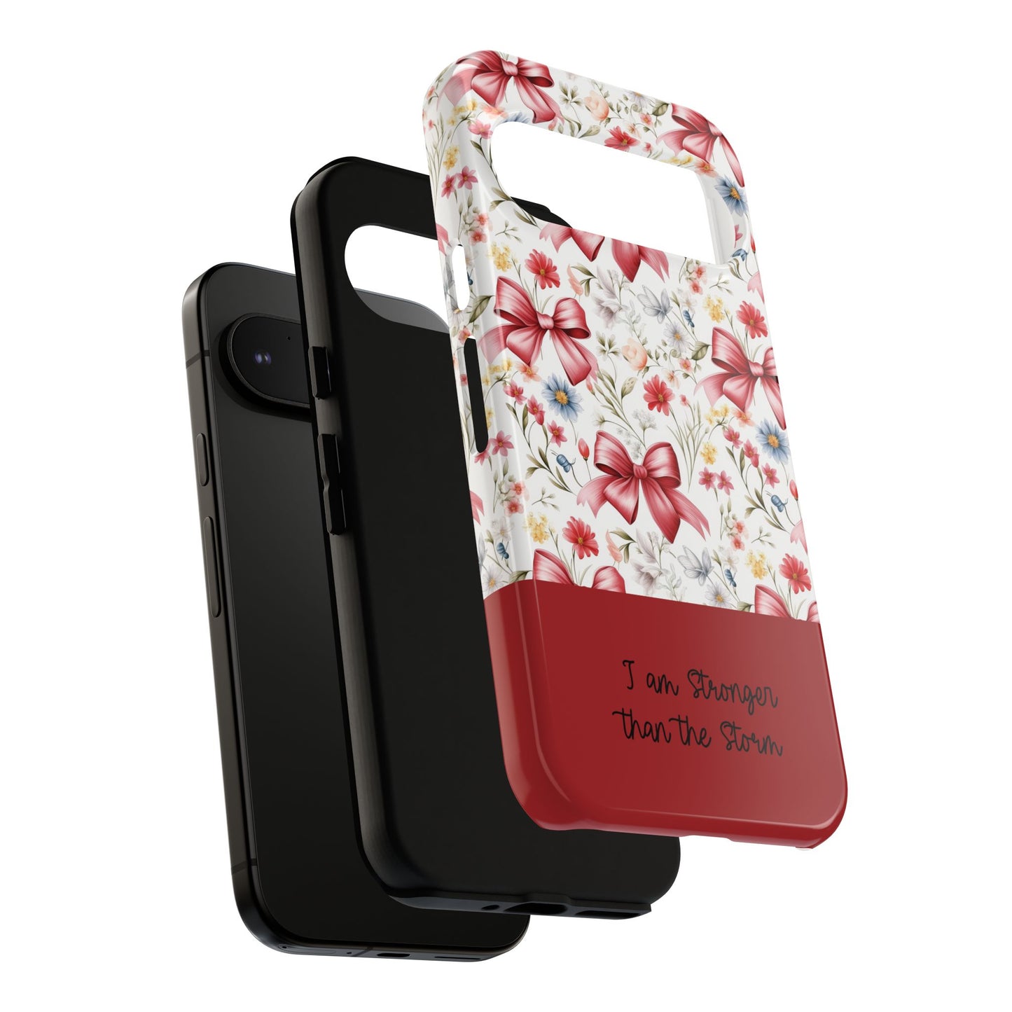 Personalized Rosette Coquette Phone Case - Custom Name/Message 'I Am Stronger Than The Storm' Floral Bow Protective Case