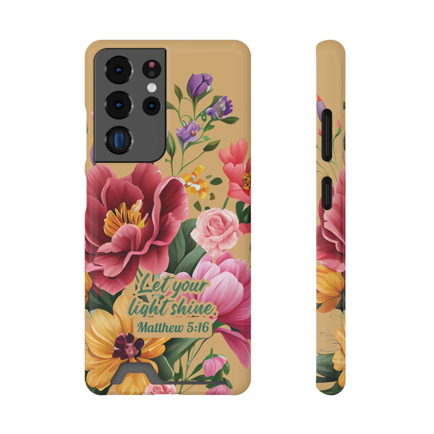 Floral Bible Verse Phone Case with Card Holder — "Let Your Light Shine" (Matthew 5:16)