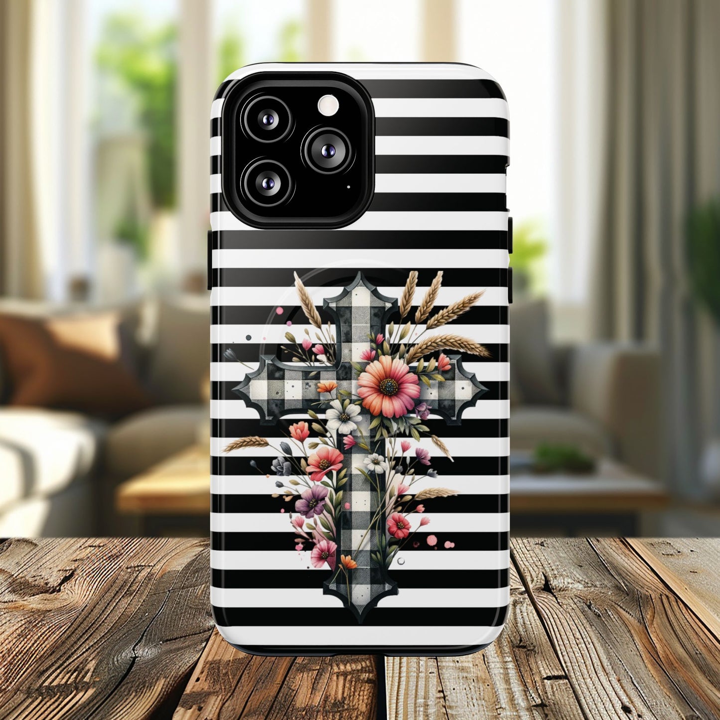 Grace in Bloom Tough Magnetic iPhone Case with Floral Cross Design, Boho iPhone Cover, Striped iPhone Case, Unique Religious Gift, Trendy Cell iPhone Accessory.