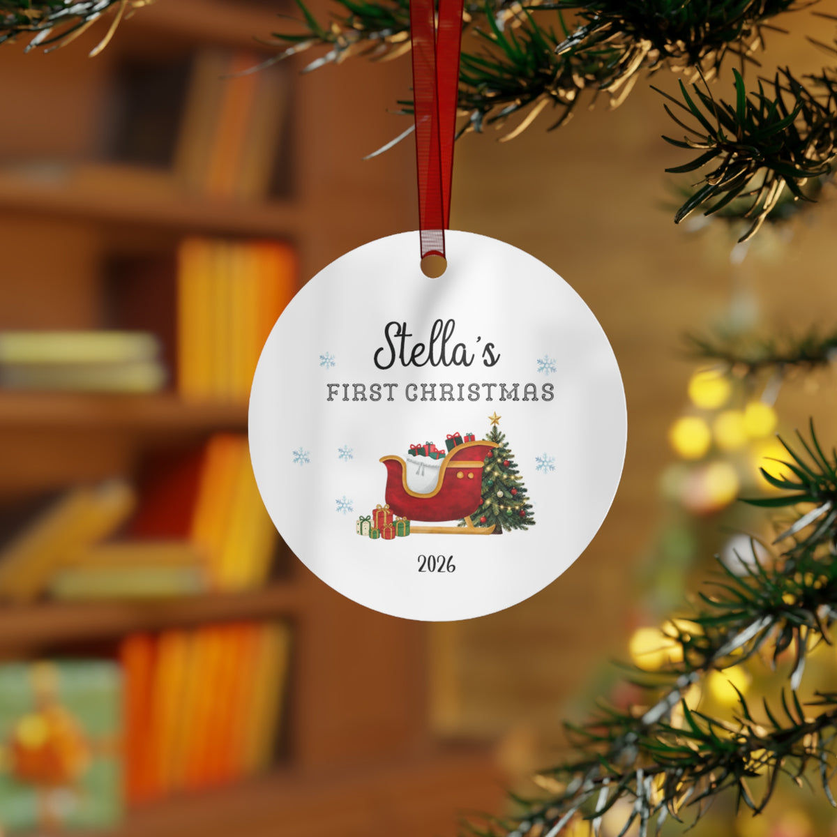 Personalized First Christmas Metal Ornament — Custom Name & Year, Sleigh and Tree Design