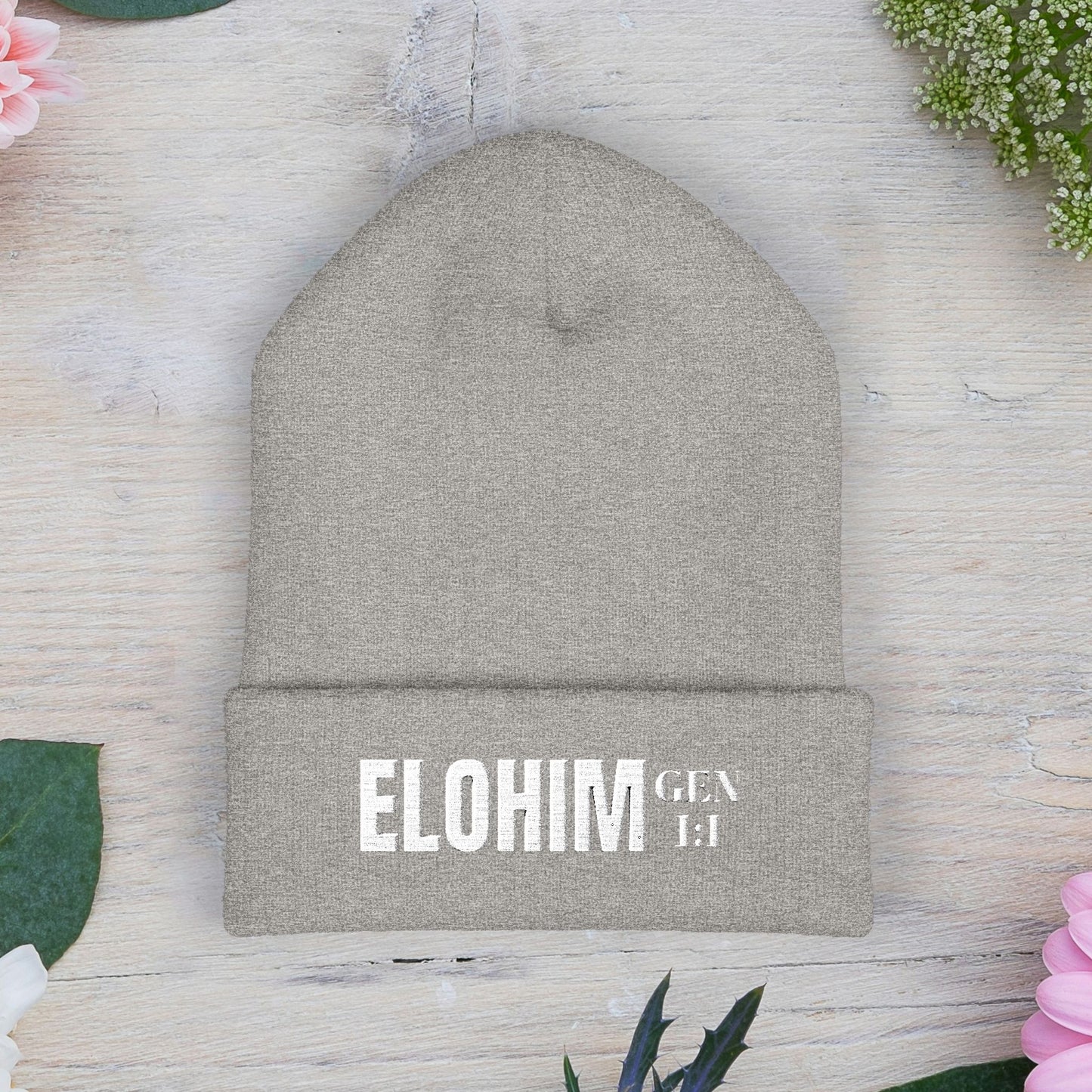 Embroidered 'ELOHIM, GENESIS 1:1' Classic Cuffed Beanie - Cozy Winter Hat, Streetwear Accessory, Personalized Gifts, Religious Apparel, Unisex Beanie