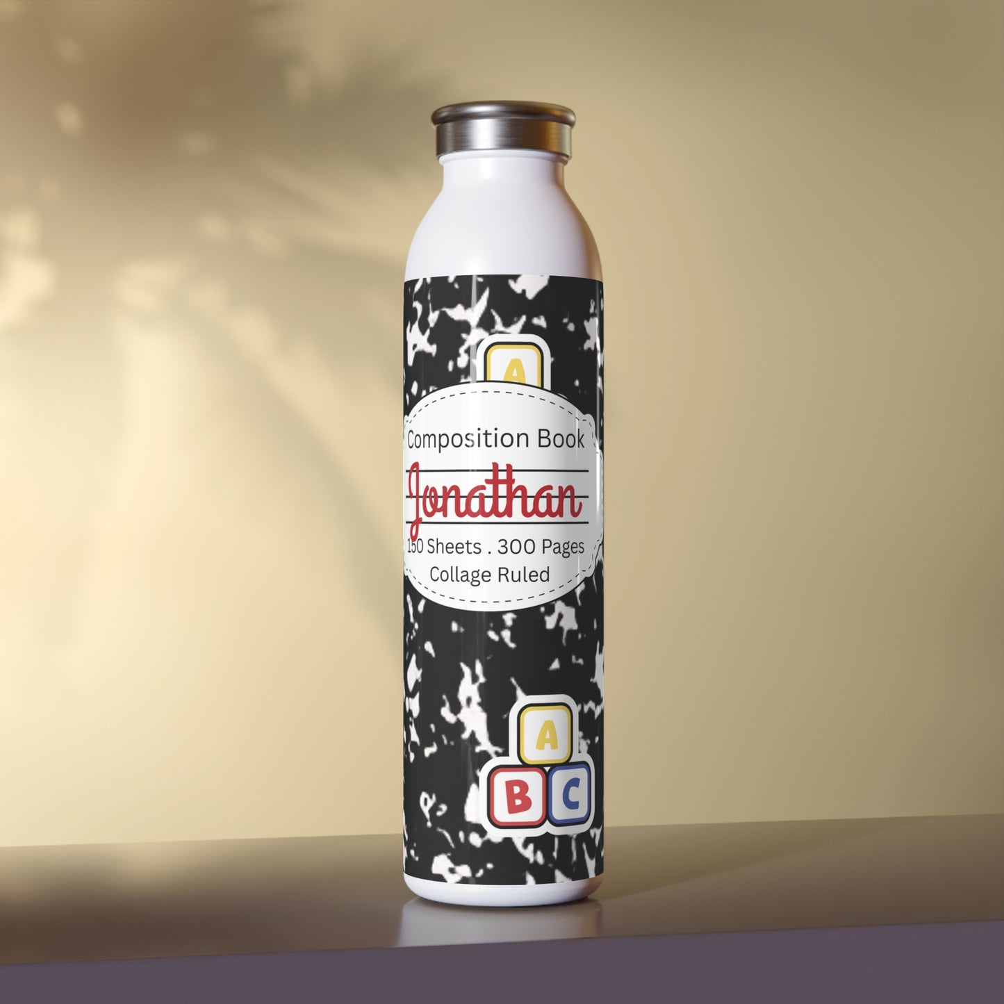 Personalized Black Composition Book Inspired Slim Water Bottle, Customizable Drinkware, Eco-Friendly Hydration Bottle, Perfect for Gifts, School Supplies, Back to School