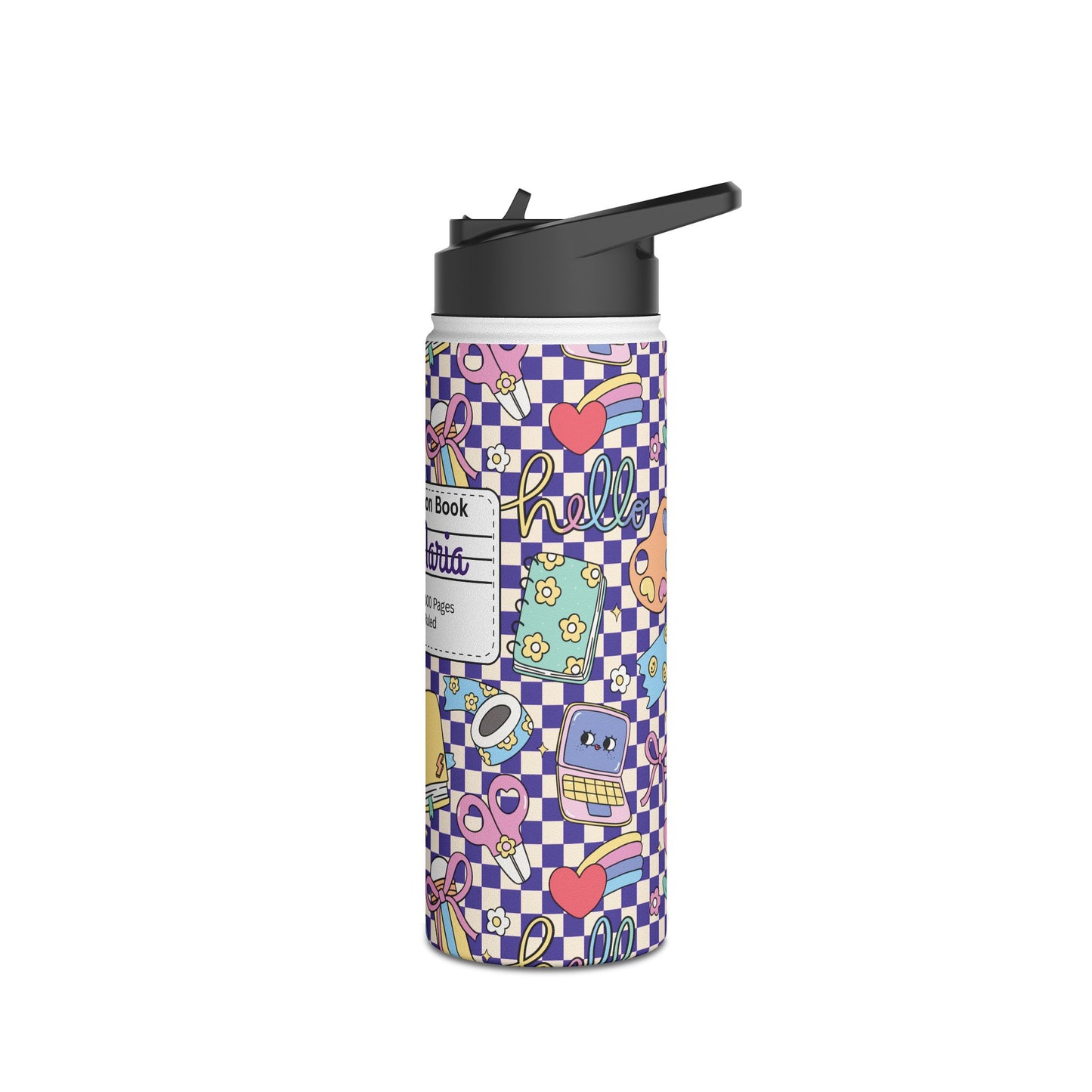Personalized Purple Doodle Daydream Composition Book Inspired Stainless Steel Water Bottle for Kids, School Supplies, Eco-Friendly Drinkware, Back to School, Teacher Gifts