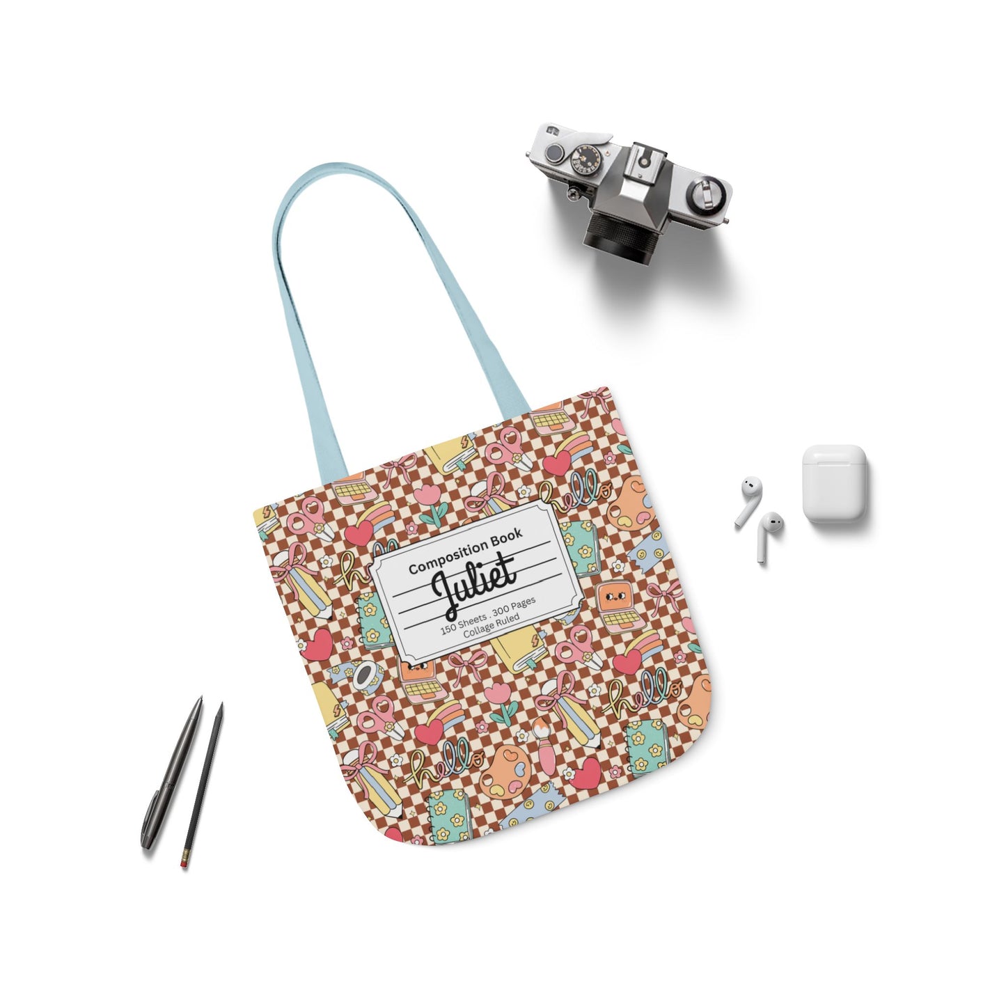 Personalized Brown Doodle Daydream Composition Book Inspired Canvas Tote Bag with Colorful Straps, Cute School Bag, Eco-Friendly Tote, Back to School Shopping Bag, Teacher Gift Idea