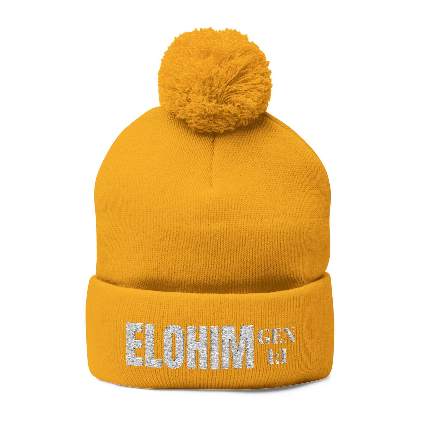 Pom-Pom Knit Cap with 'ELOHIM, GENESIS 1:1'  Embroidery Beanie - Stylish Winter Accessory for All Ages, Perfect Gift for Birthdays, Holidays, and Outdoor Activities