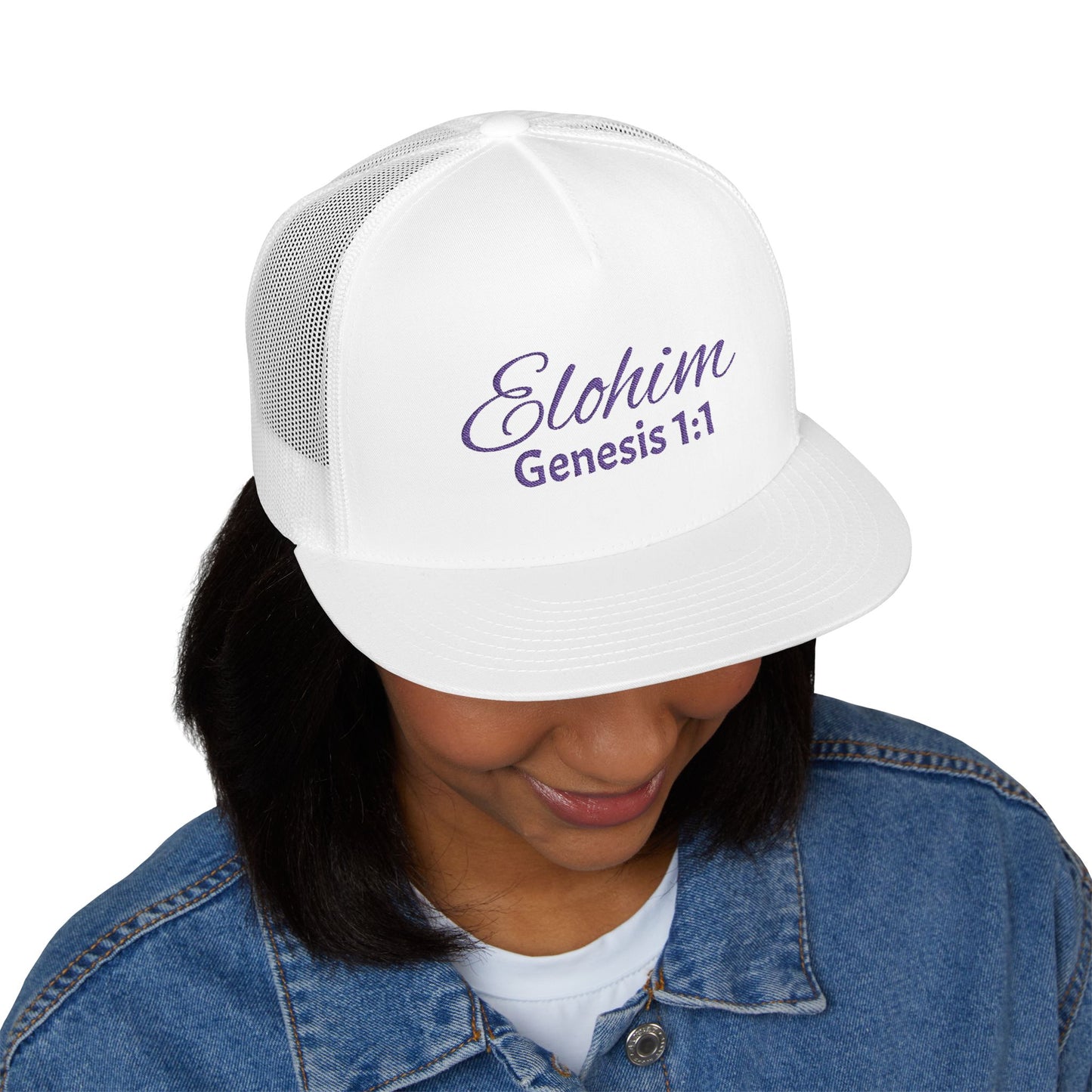 Purple 'ELOHIM, GENESIS 1:1'  Embroidered 5 Panel Trucker Cap | Casual Style Hat, Adjustable, Unisex, Perfect Gift for Outdoors, Festivals, Daily Wear
