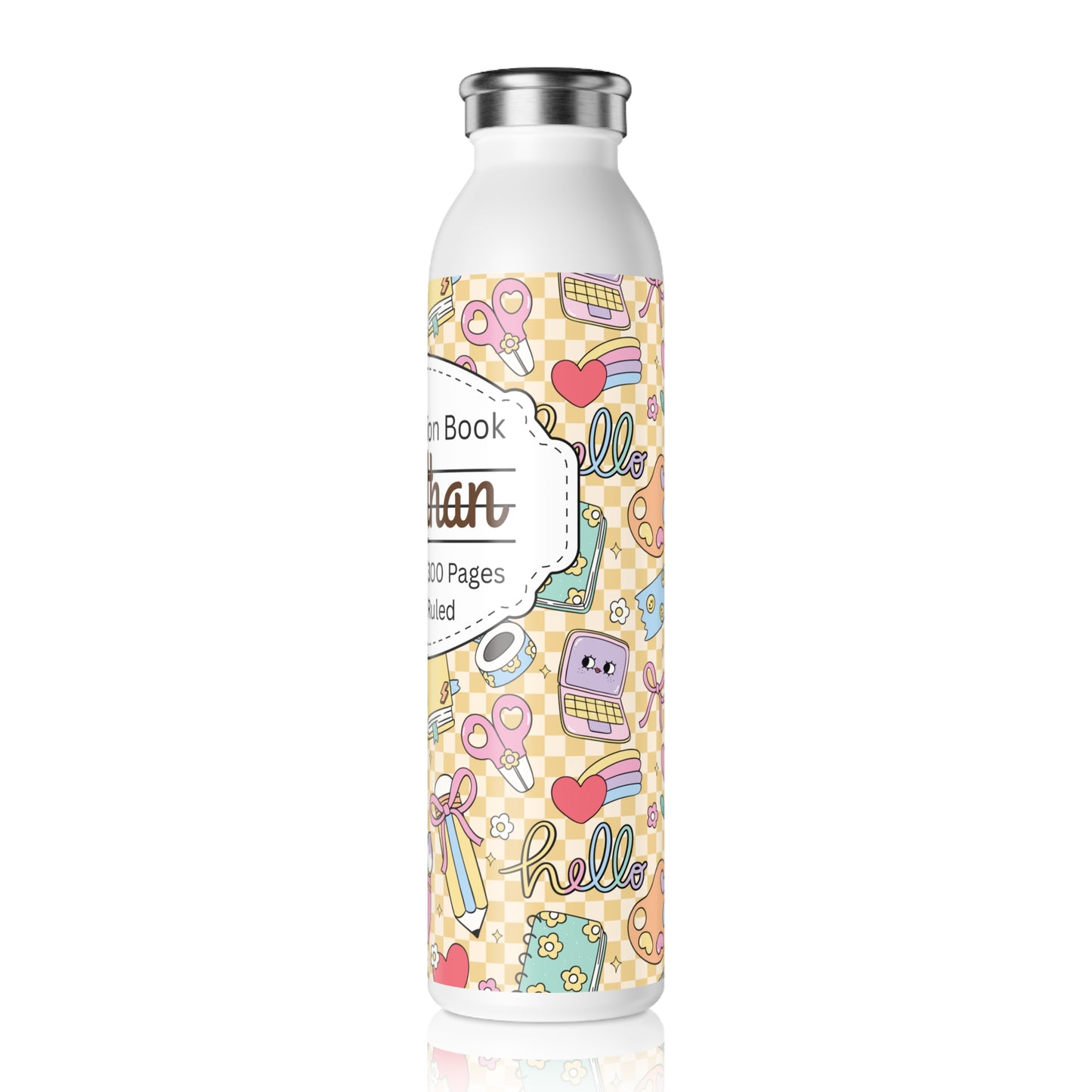 Personalized Composition Book Doodle Daydream Inspired Slim Water Bottle, Drinkware, Eco-Friendly Hydration Bottle, Perfect for Gifts, School Supplies, Back to School