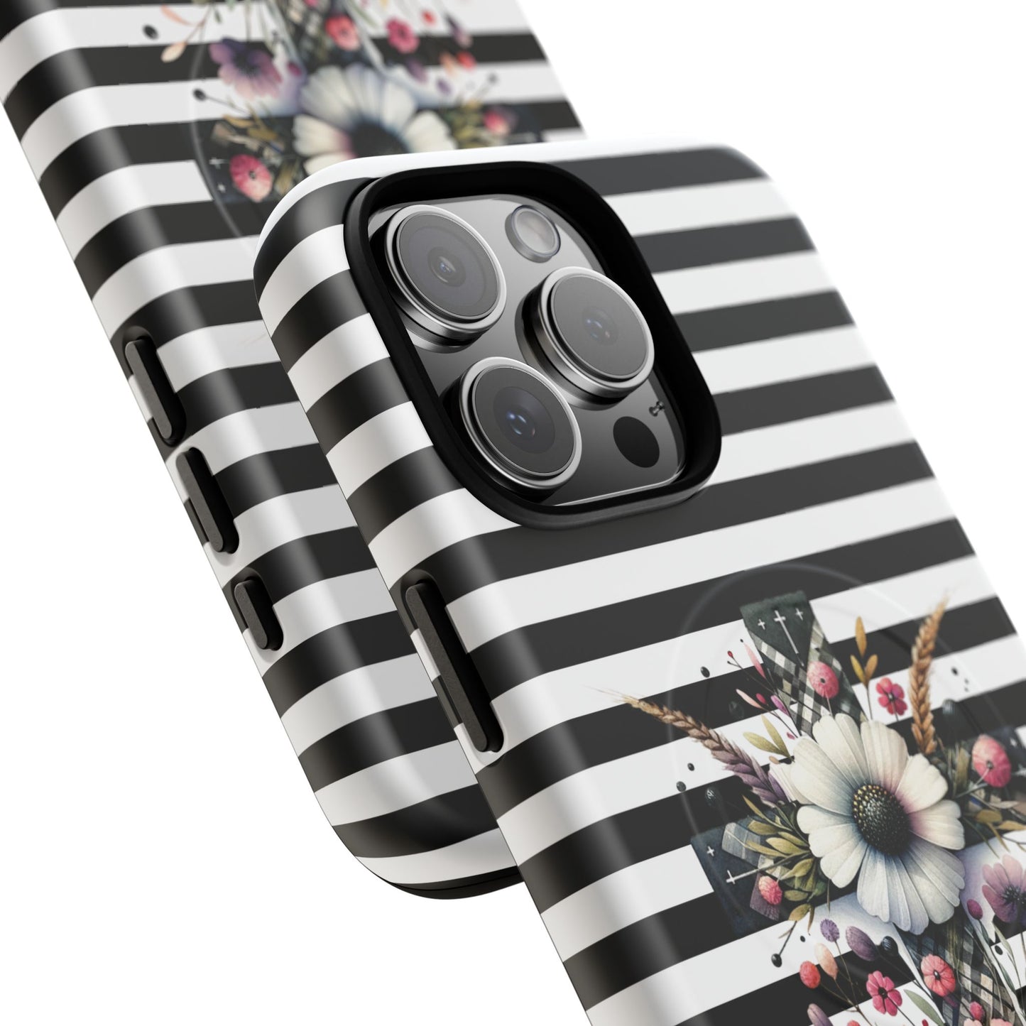 Faith in Bloom Tough iPhone Magnetic Case, iPhone Accessories, Floral iPhone Cover, Durable Cases for Gifts, Black and White Stripes