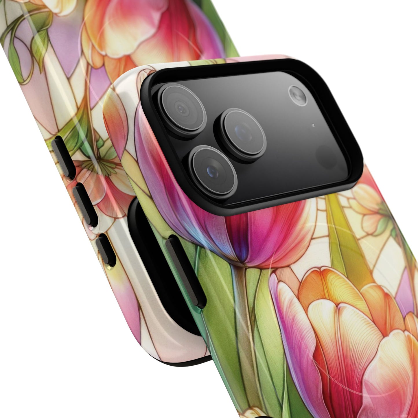 Tulip Glow Tough iPhone Magnetic Case, Floral Design, Spring Gift, Durable Protection, Smartphone Accessories, MagSafe Accessories, Stained Glass Tulip Gift