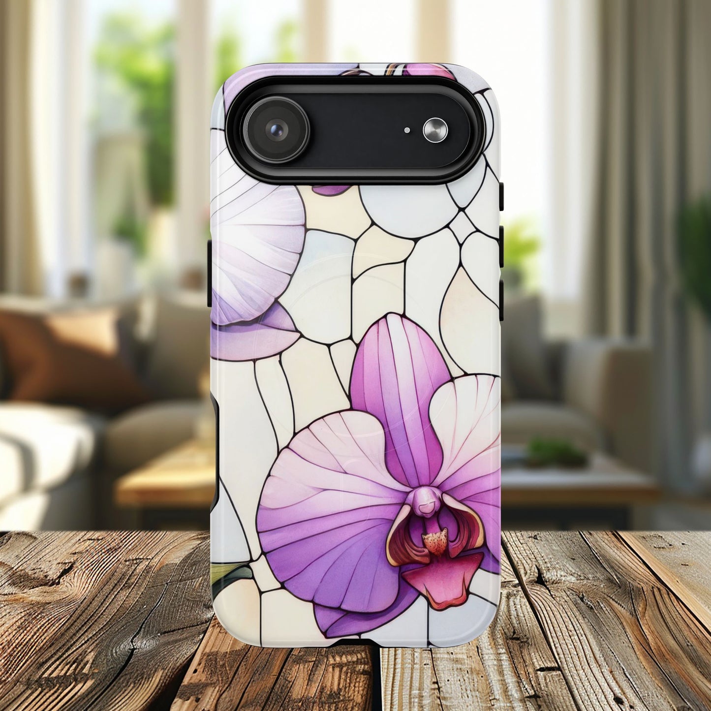 Orchid Grace Tough iPhone Magnetic Case, Protective iPhone Cover, Trendy Stained Glass Design, Floral Gift, Unique iPhone Accessory, Durable iPhone Case