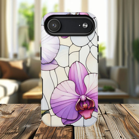 Orchid Grace Tough iPhone Magnetic Case, Protective iPhone Cover, Trendy Stained Glass Design, Floral Gift, Unique iPhone Accessory, Durable iPhone Case