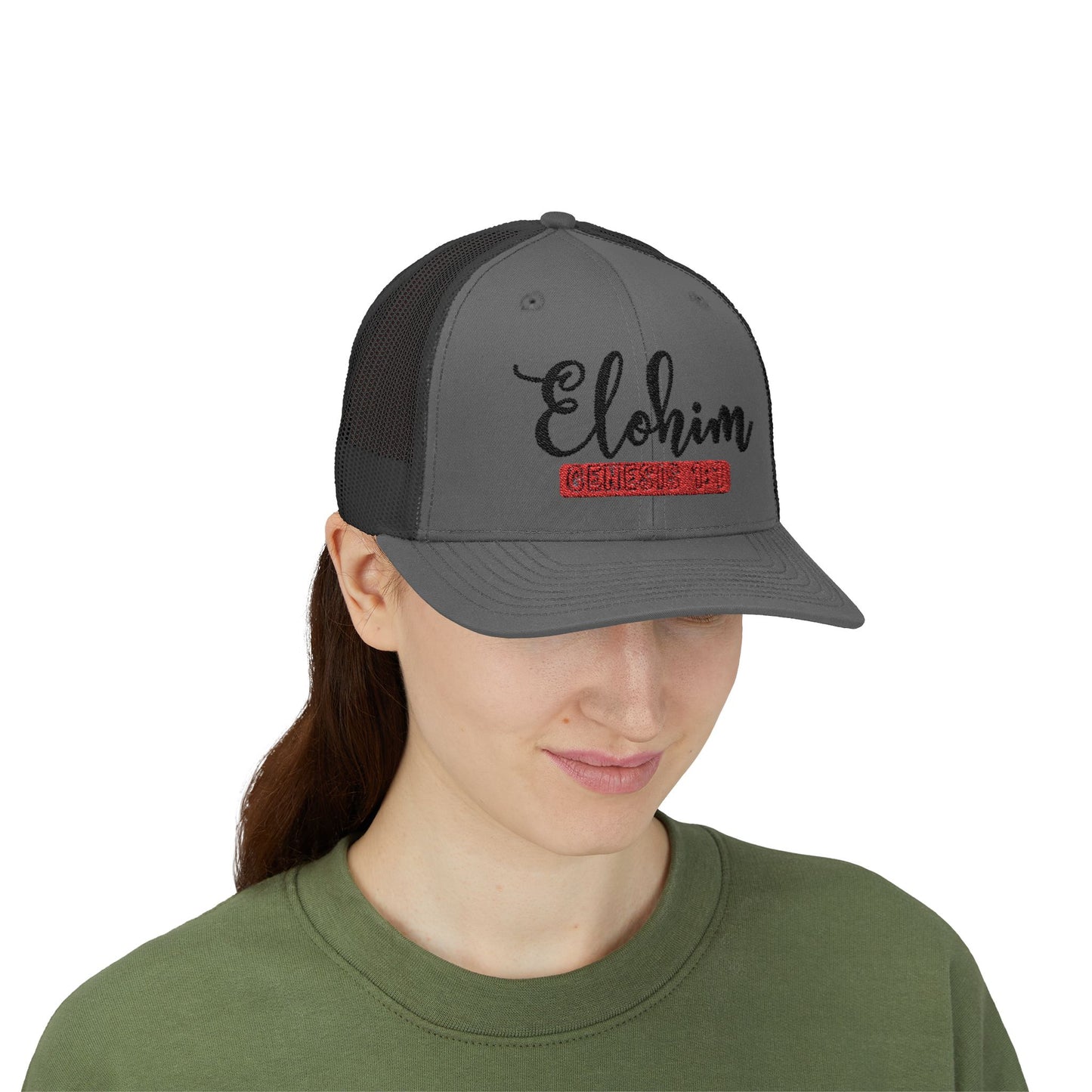 Embroidery 'ELOHIM, GENESIS 1:1' Faith Snapback Trucker Cap - Religious Hat, Stylish Accessory, Gift for Believers, Casual Wear, Outdoor Events, Faith-Based, Name of GOD.