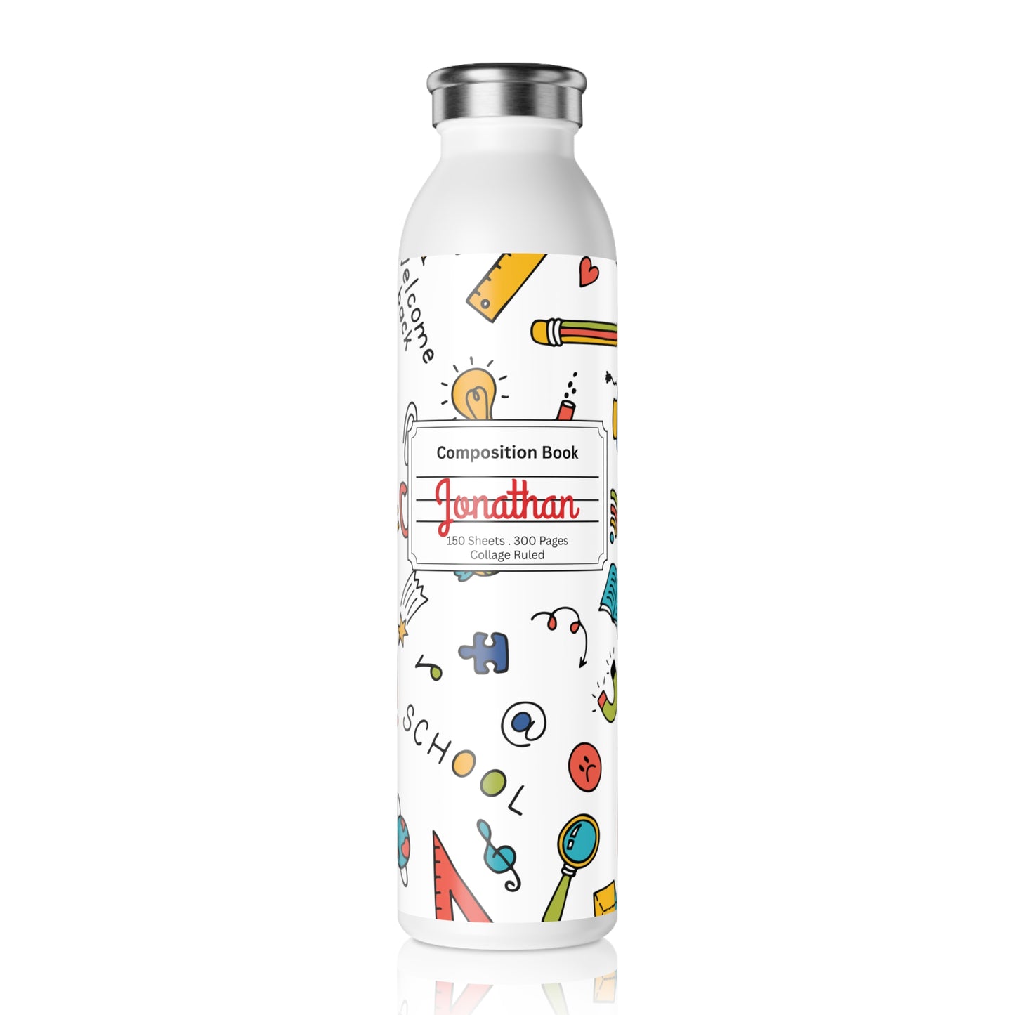 Personalized Classroom Couture Composition Book Inspired Slim Water Bottle, Customizable Drinkware, Eco-Friendly Hydration Bottle, Perfect for Gifts, School Supplies, Back to School
