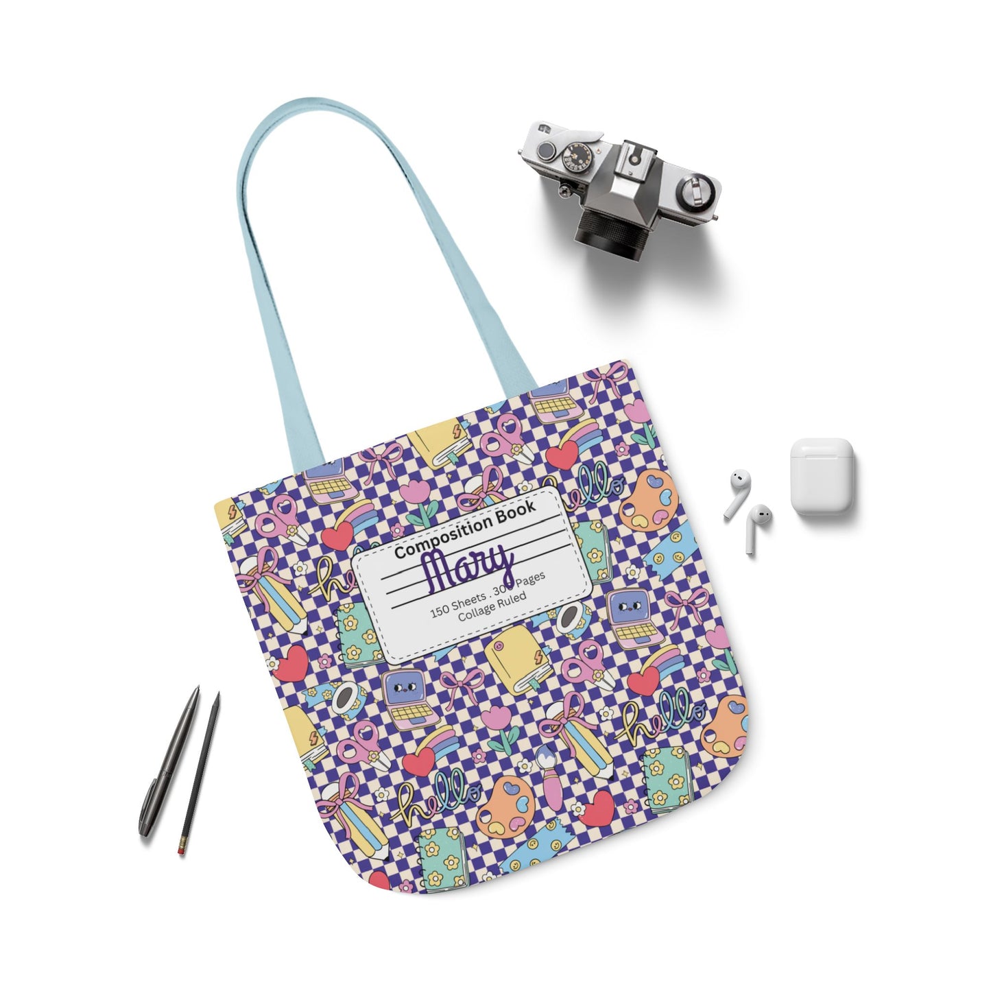 Personalized Purple Doodle Daydream Composition Book Inspired Canvas Tote Bag with Colorful Straps, Cute School Bag, Eco-Friendly Tote, Back to School Shopping Bag, Teacher Gift Idea