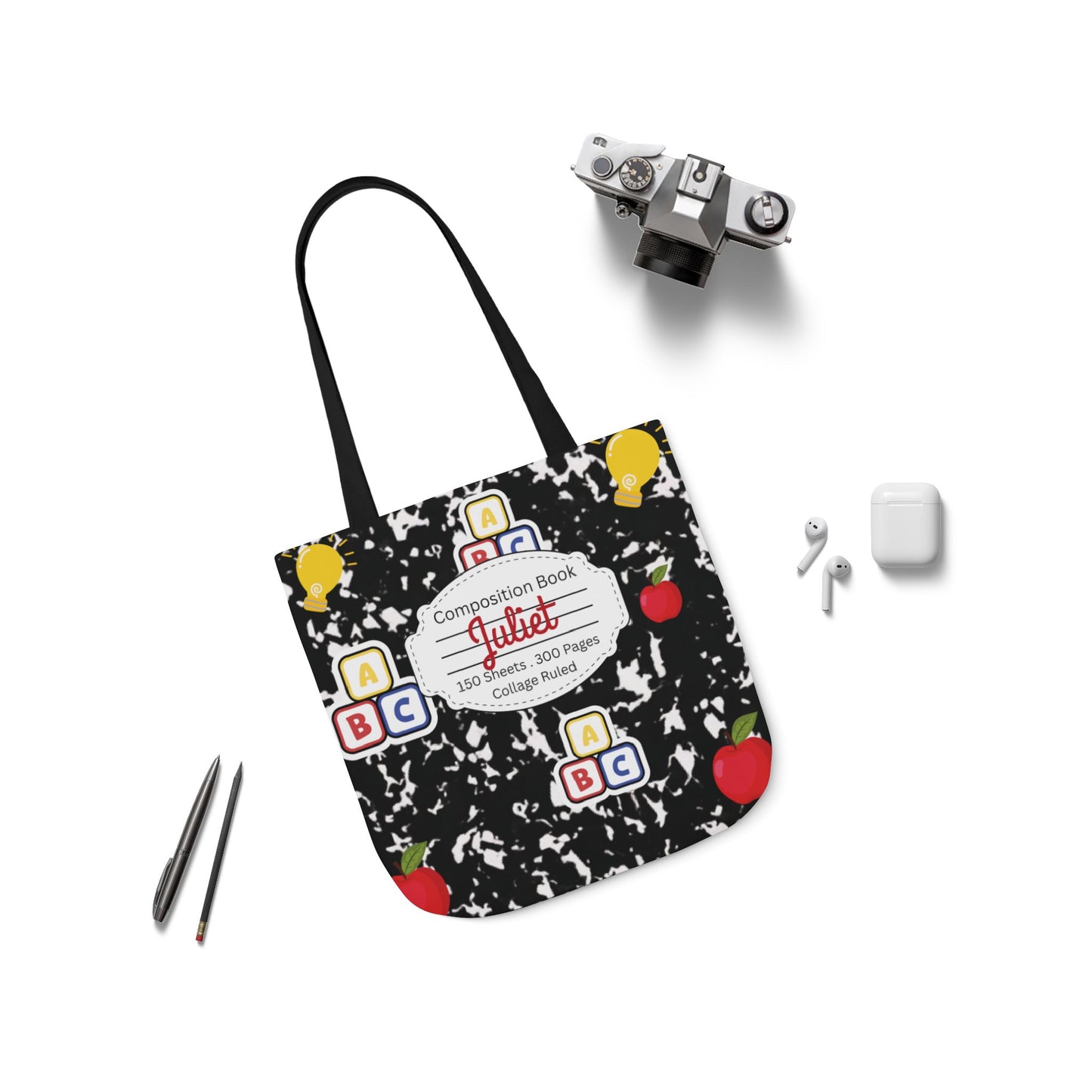 Personalized Black Composition Book Inspired Canvas Tote Bag with Colorful Straps, Cute School Bag, Eco-Friendly Tote, Back to School Shopping Bag, Teacher Gift Idea