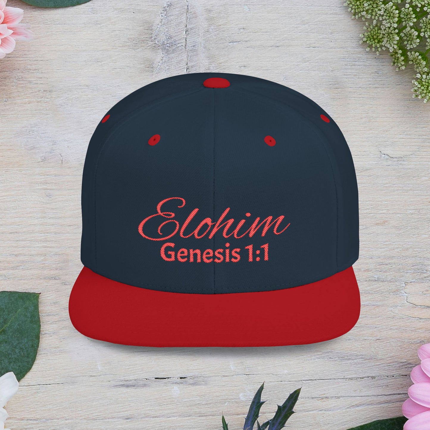 Red Embroidery 'ELOHIM, GENESIS 1:1' Flat Bill Snapback Hat, Stylish Cap for Everyday Wear, Church Events, Gift for Him/Her, Streetwear Accessory, Casual Fashion