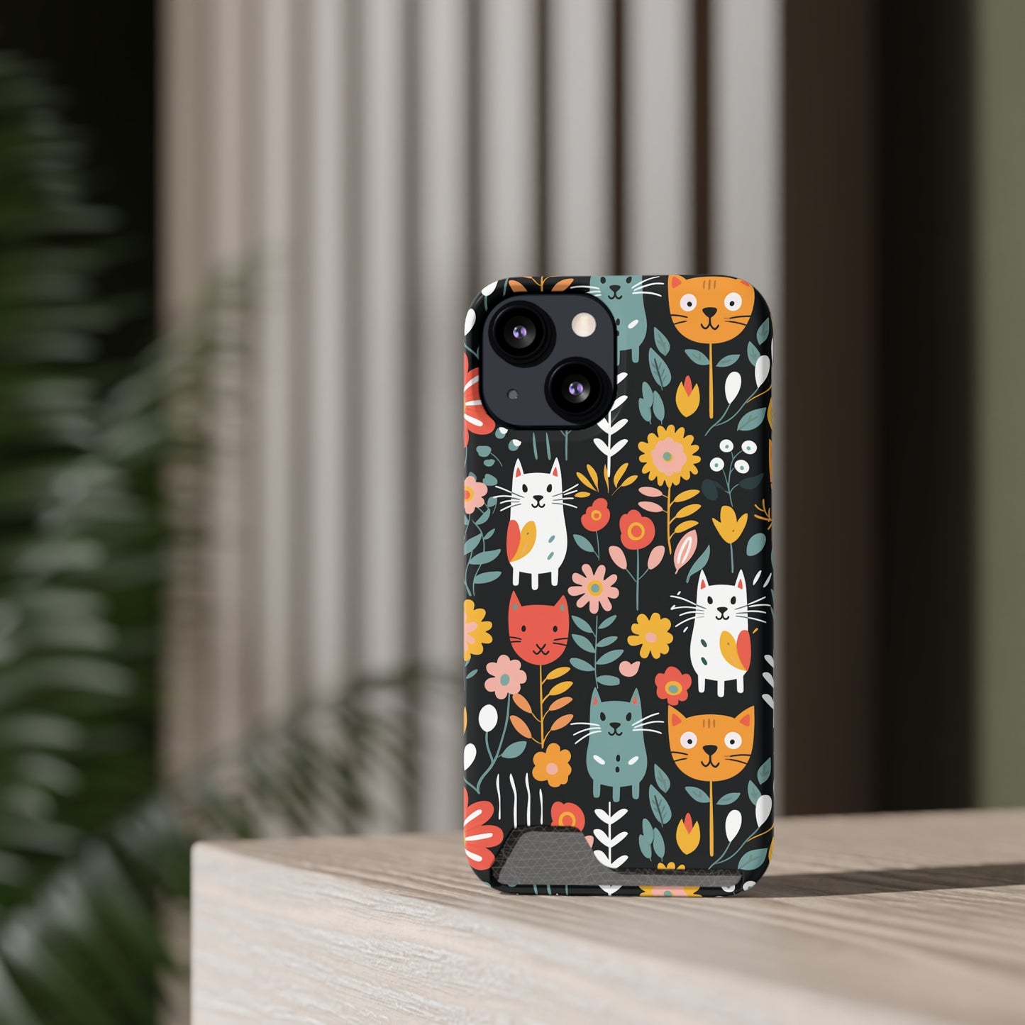 Whimsical Feline Garden iPhone and Samsung Case With Card Holder