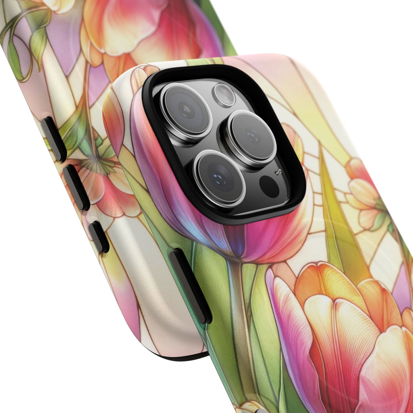 Tulip Glow Tough iPhone Magnetic Case, Floral Design, Spring Gift, Durable Protection, Smartphone Accessories, MagSafe Accessories, Stained Glass Tulip Gift