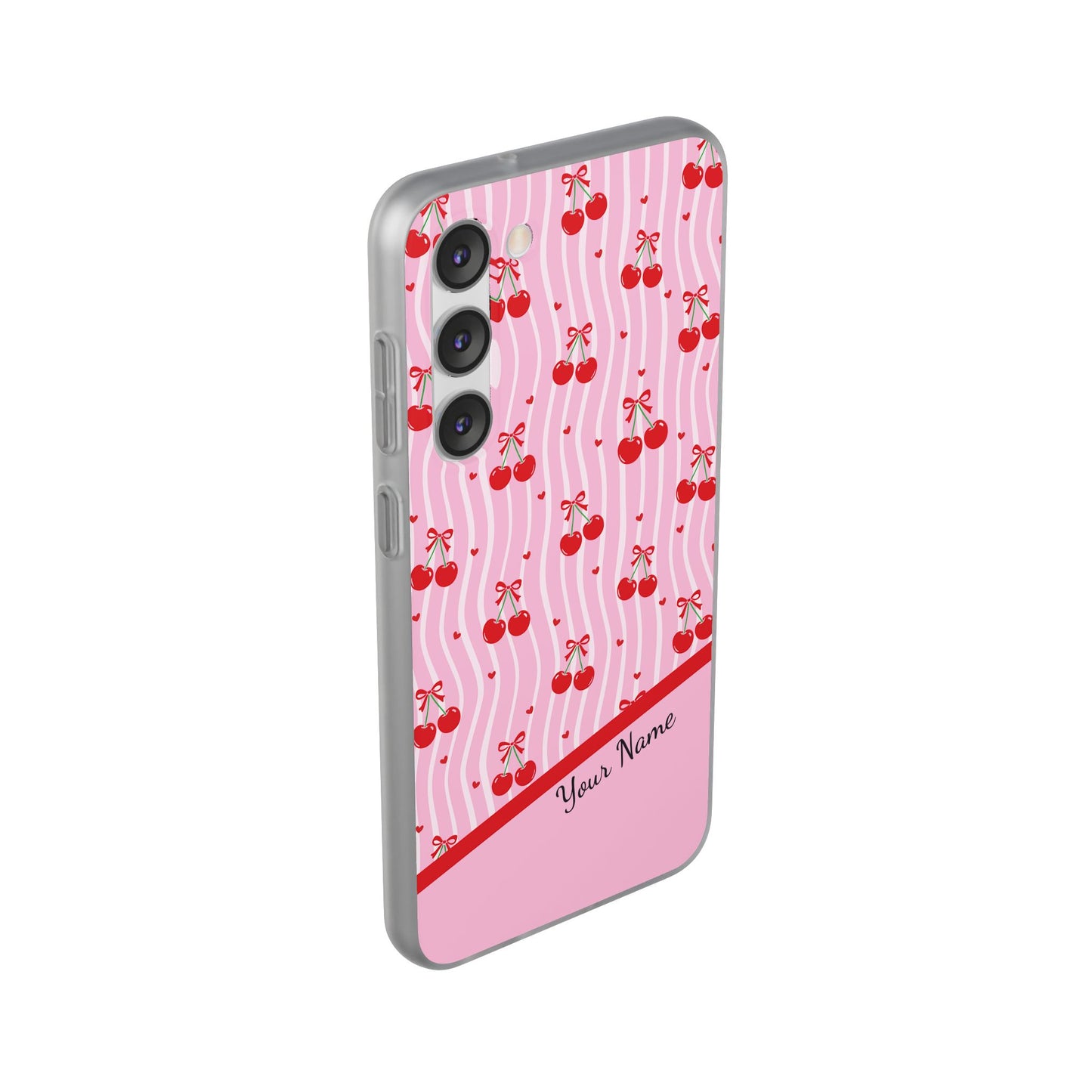 Personalized Cherry Blossom Dreams Flexi Case — Pink Retro Cherry iPhone® 7/8, 11, 12, 13, 14, 15, 16, 17, X/XS, SE, XR, Mini, Pro, Pro Max, Plus Cases.