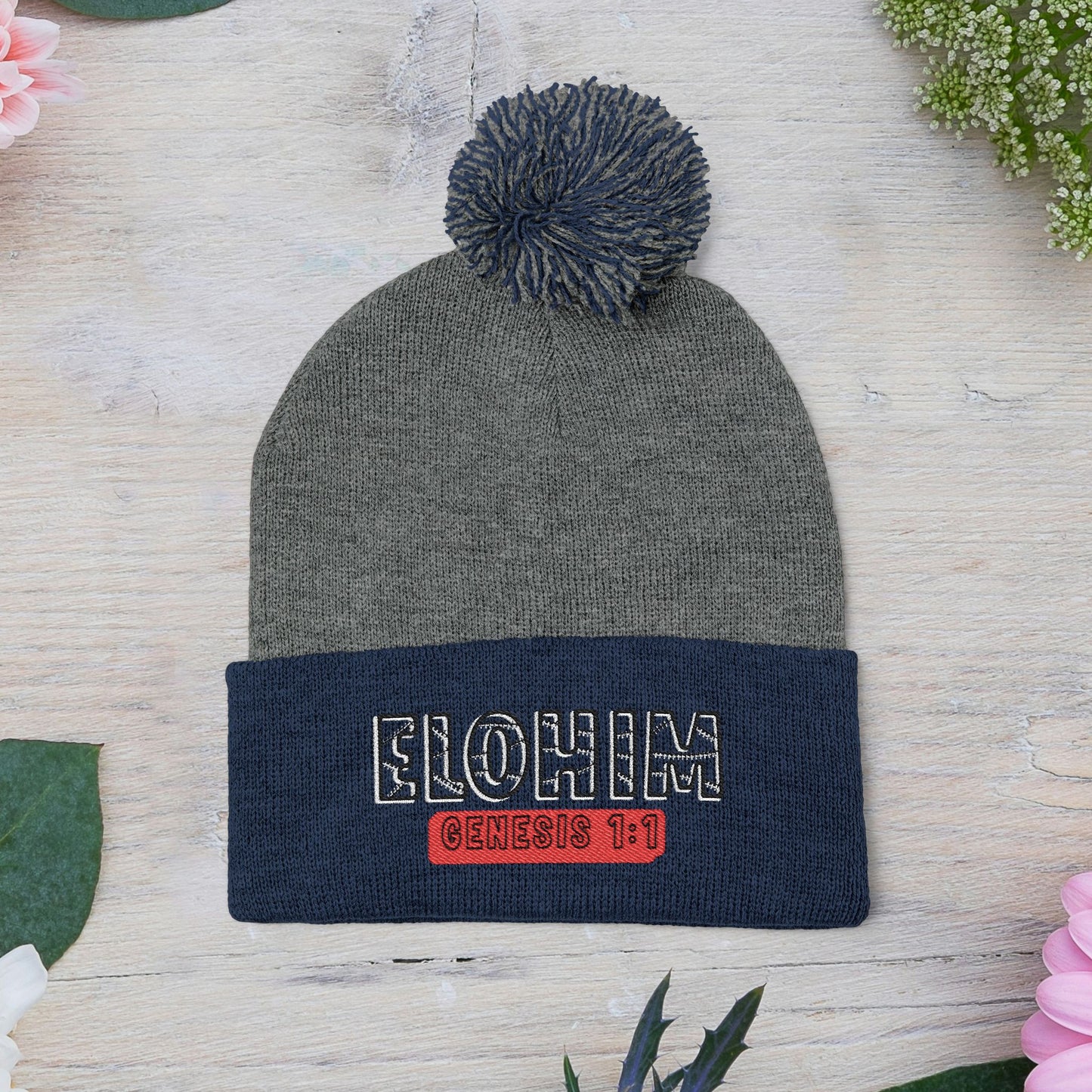 Cozy Pom-Pom Knit Cap with 'ELOHIM, GENESIS 1:1'  Embroidery Beanie - Stylish Winter Accessory for All Ages, Perfect Gift for Birthdays, Holidays, and Outdoor Activities