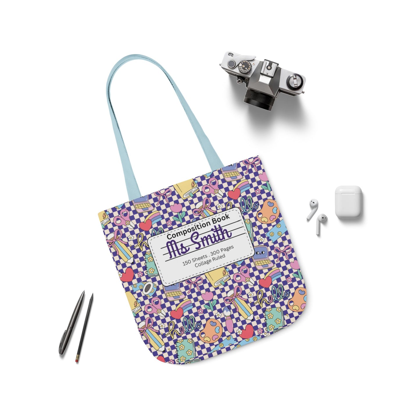 Personalized Purple Doodle Daydream Composition Book Inspired Canvas Tote Bag with Colorful Straps, Cute School Bag, Eco-Friendly Tote, Back to School Shopping Bag, Teacher Gift Idea