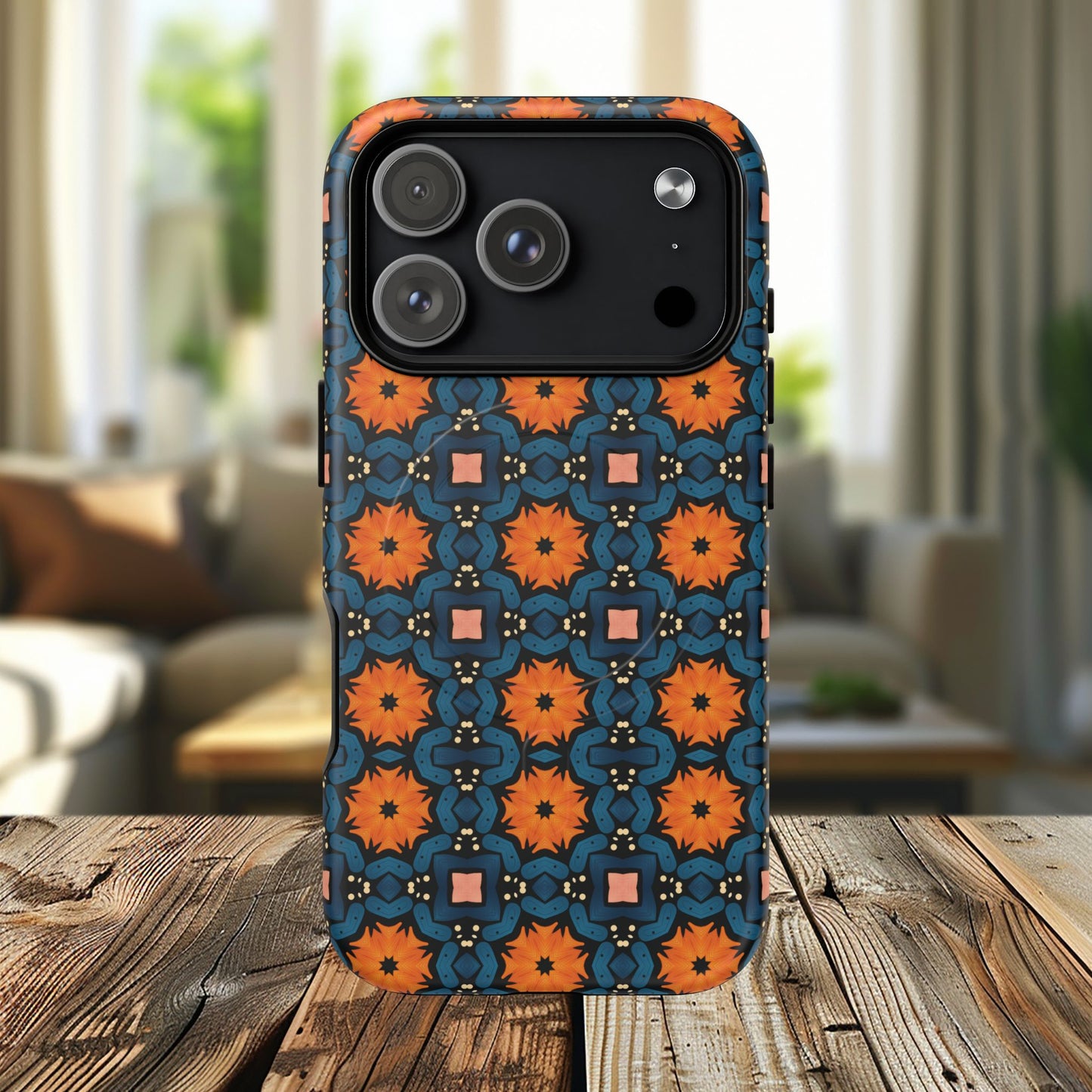 Saffron Tile Bloom Vibrant Floral Tough Magnetic iPhone Case, Durable iPhone Cover, Gift for Her, Floral Design, Unique iPhone Protection.