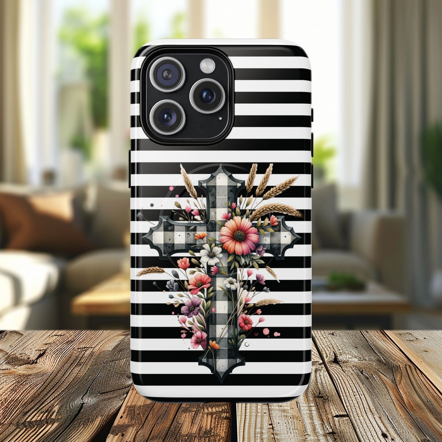 Grace in Bloom Tough Magnetic iPhone Case with Floral Cross Design, Boho iPhone Cover, Striped iPhone Case, Unique Religious Gift, Trendy Cell iPhone Accessory.