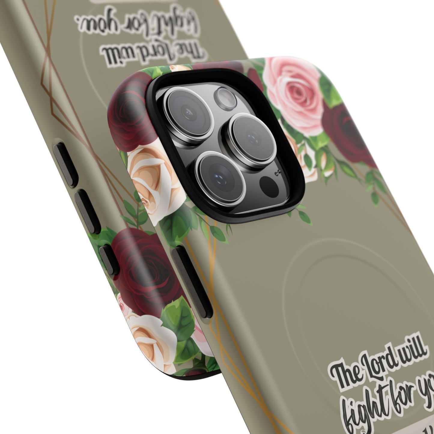 The Lord will Fight for You Exodus 14:14, Inspirational Gift, Tough iPhone Magnetic Case Scripture, Roses Bible Verse, MagSafe® iPhone® Tough Case, iPhone 14, iPhone 15, iPhone 16, Pro, Pro Max, Plus.
