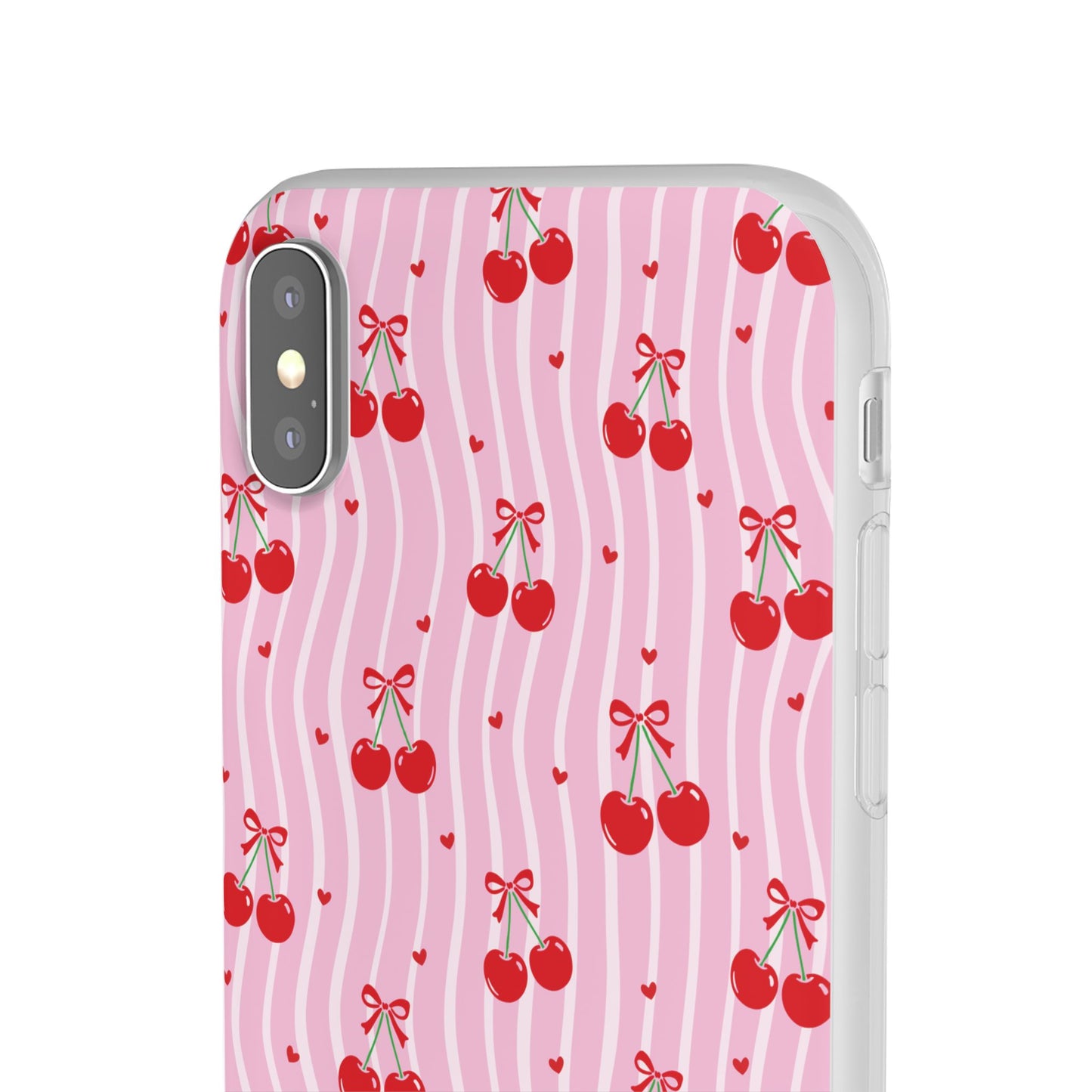 Personalized Cherry Blossom Dreams Flexi Case — Pink Retro Cherry iPhone® 7/8, 11, 12, 13, 14, 15, 16, 17, X/XS, SE, XR, Mini, Pro, Pro Max, Plus Cases.