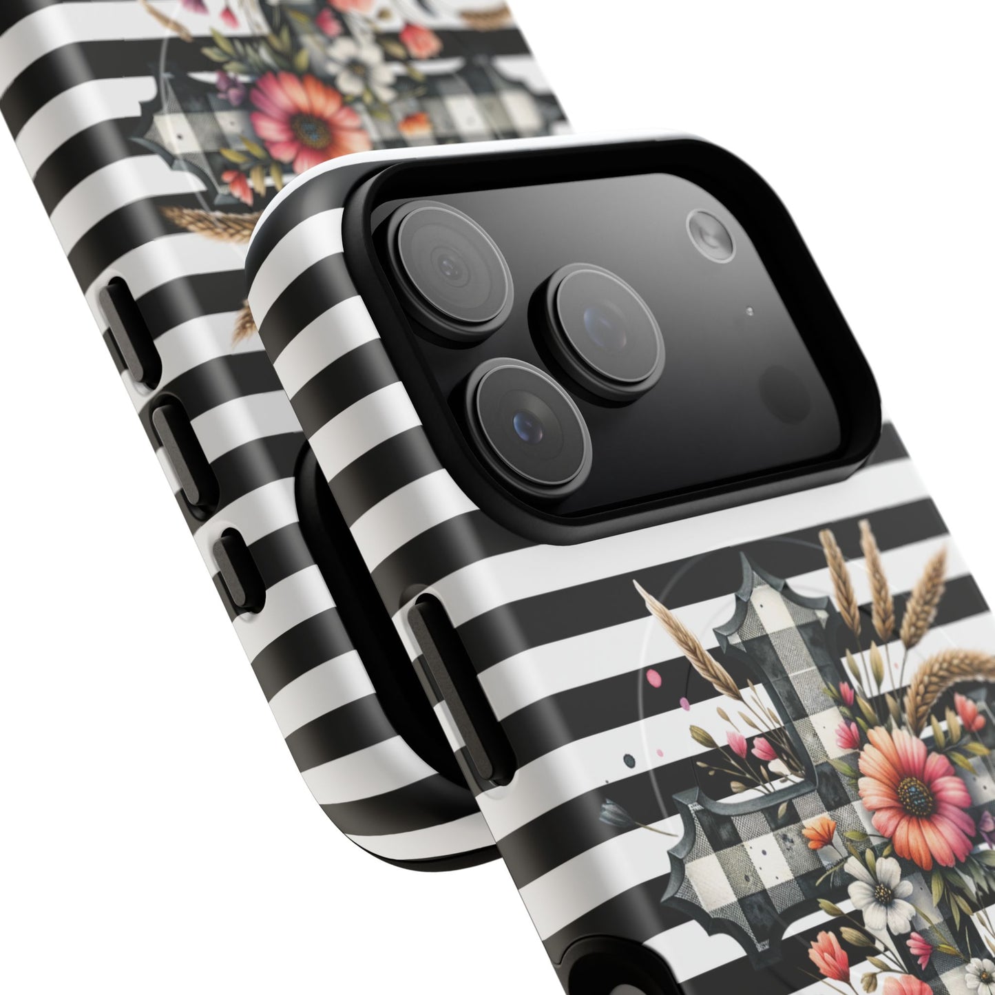 Grace in Bloom Tough Magnetic iPhone Case with Floral Cross Design, Boho iPhone Cover, Striped iPhone Case, Unique Religious Gift, Trendy Cell iPhone Accessory.