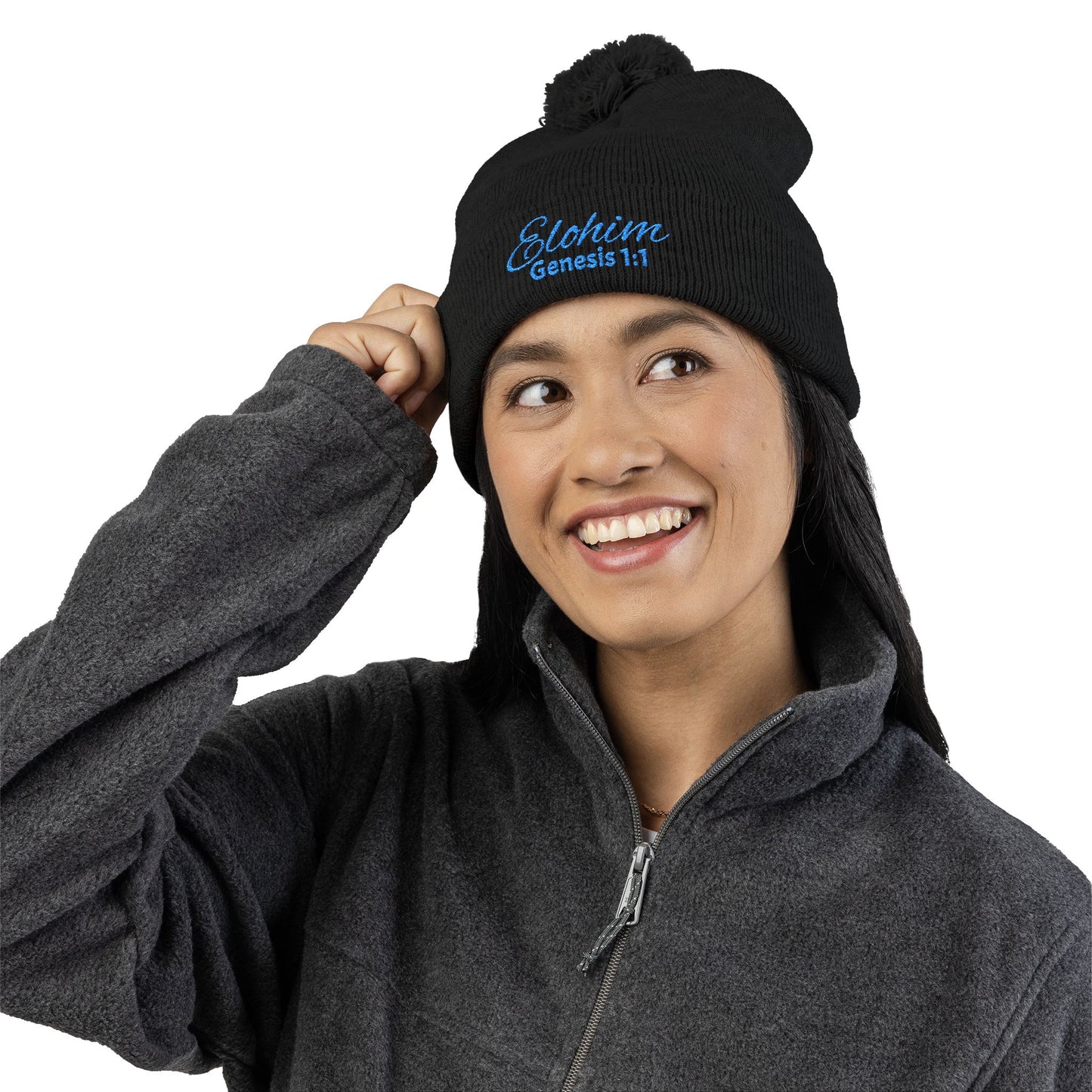 Pom-Pom Knit Cap with 'ELOHIM, GENESIS 1:1'  Embroidery Beanie - Stylish Winter Accessory for All Ages, Perfect Gift for Birthdays, Holidays, and Outdoor Activities