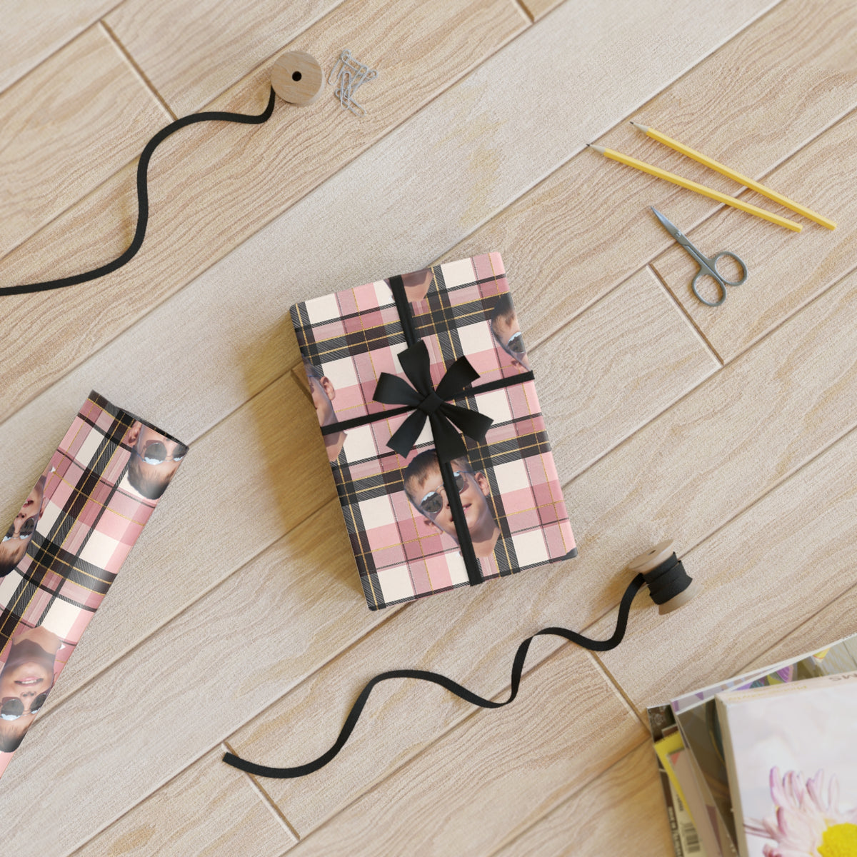 Personalized Photo Plaid Wrapping Paper Roll — Custom Face Gift Wrap