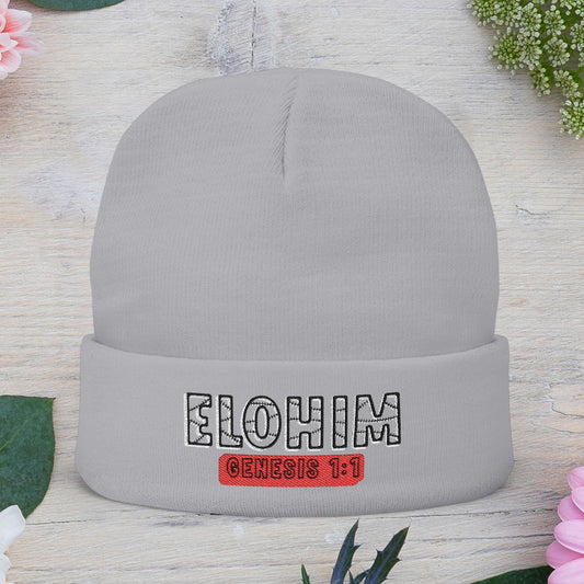 Stylish Knit Beanie with 'ELOHIM, Genesis 1:1' Embroidery, Winter Accessory, Religious Gift, Cozy Beanie Cap, Faith-Inspired Fashion