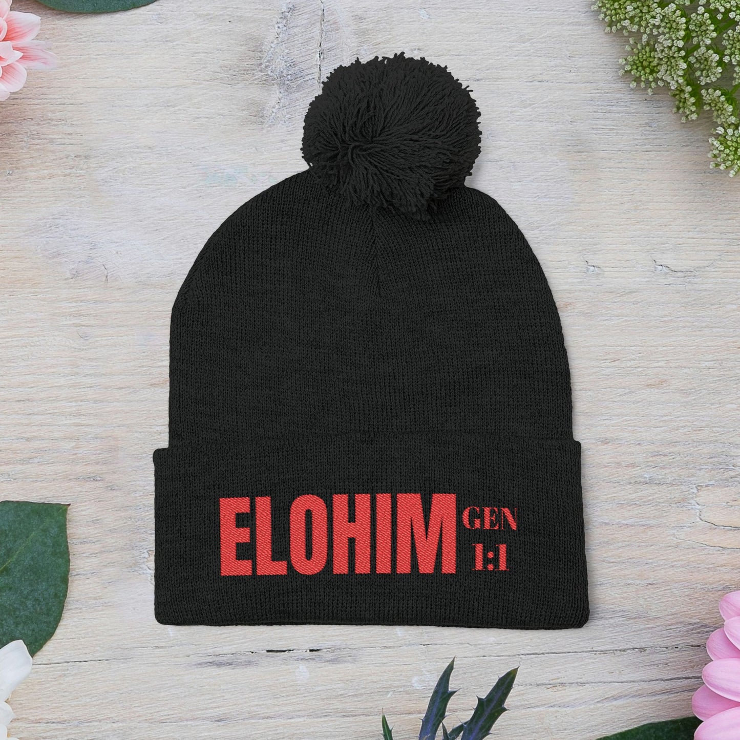 Red Pom-Pom Knit Cap with 'ELOHIM, GENESIS 1:1'  Embroidery Beanie - Stylish Winter Accessory for All Ages, Perfect Gift for Birthdays, Holidays, and Outdoor Activities