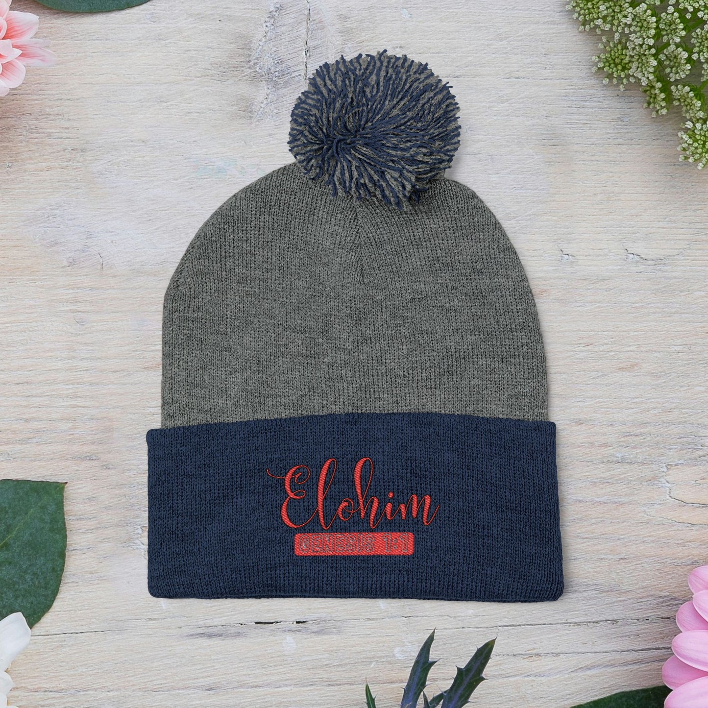 Red Pom-Pom Knit Cap with 'ELOHIM, GENESIS 1:1'  Embroidery Beanie - Stylish Winter Accessory for All Ages, Perfect Gift for Birthdays, Holidays, and Outdoor Activities