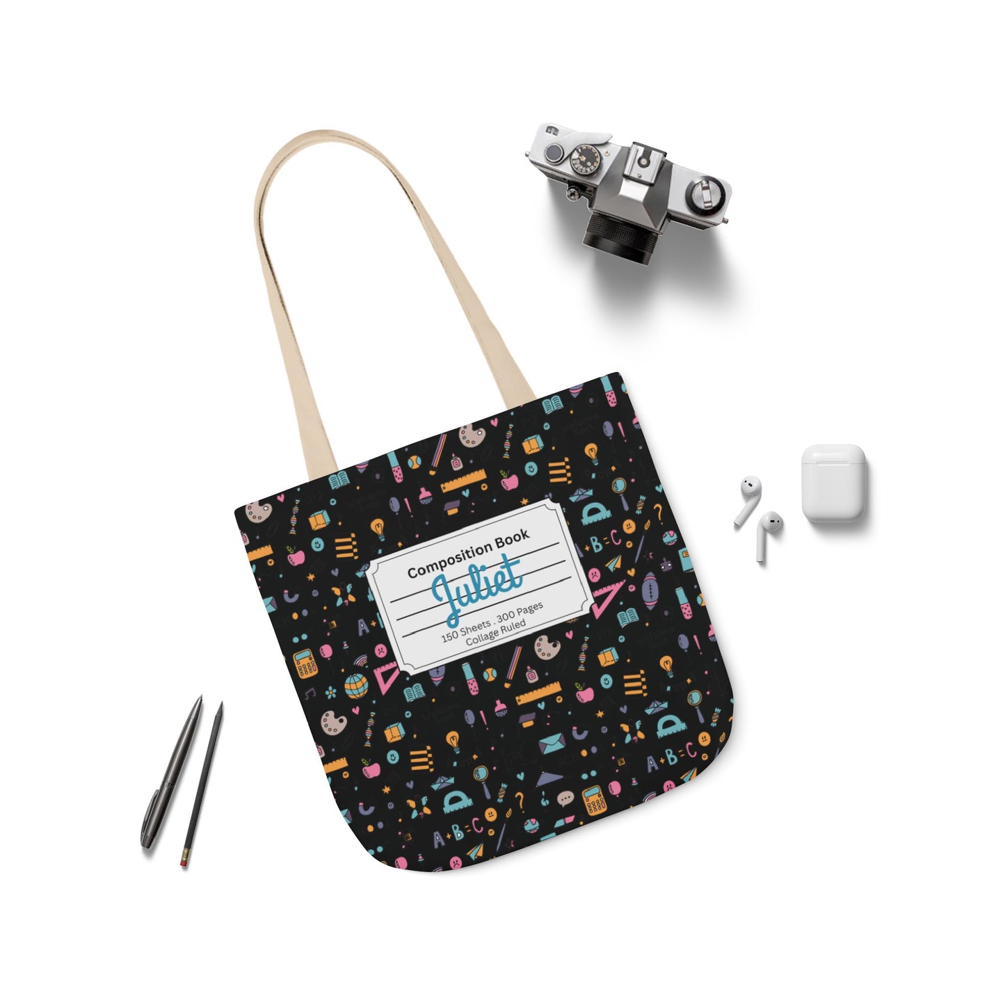 Personalized Chalkboard Chic Composition Book Inspired Canvas Tote Bag with Colorful Straps, Cute School Bag, Eco-Friendly Tote, Back to School Shopping Bag, Teacher Gift Idea