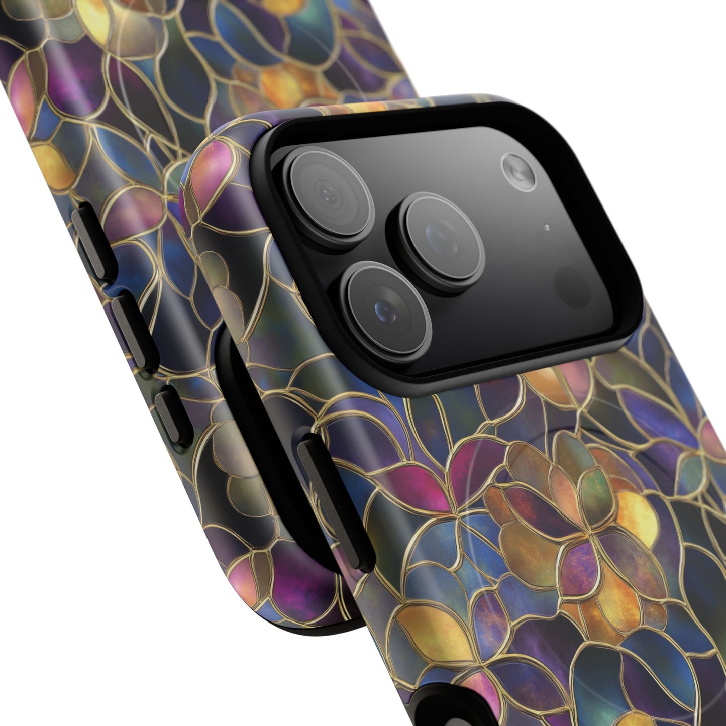 Chromatic Bloom Tough iPhone Magnetic Case, Tough iPhone Cover, Floral iPhone Accessory, Birthday Gift, Elegant Tech Decor, MagSafe Stained Glass Pattern.
