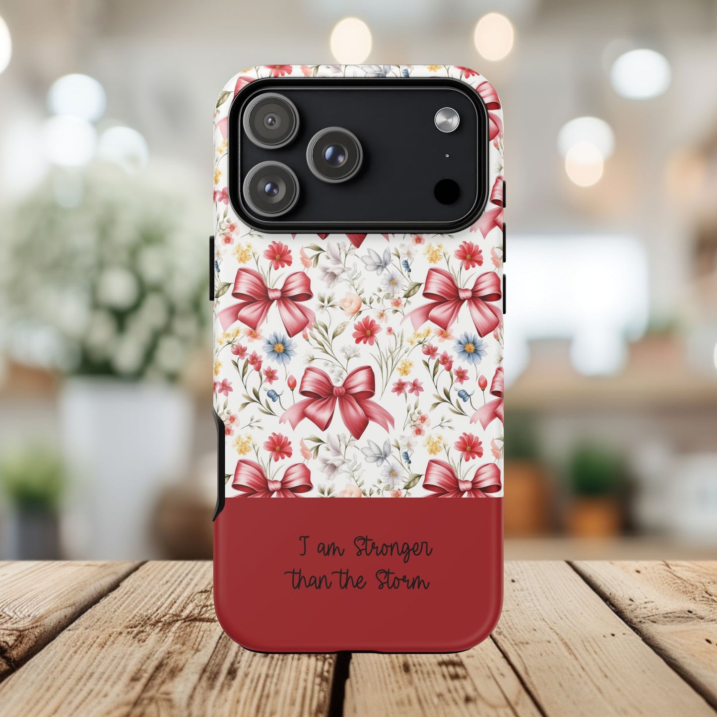 Personalized Rosette Coquette Phone Case - Custom Name/Message 'I Am Stronger Than The Storm' Floral Bow Protective Case