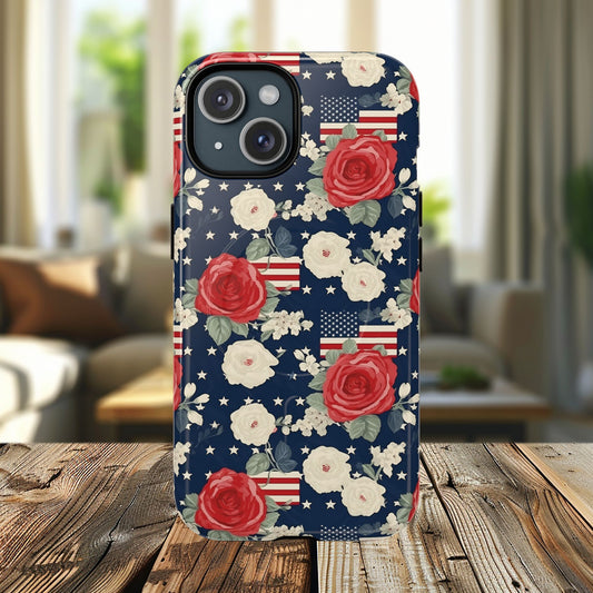 Liberty in Bloom Tough iPhone Magnetic Case, Floral Design, Gift for Moms, Gift for Dads,  iPhone Accessories, Patriotic iPhone Accessory.