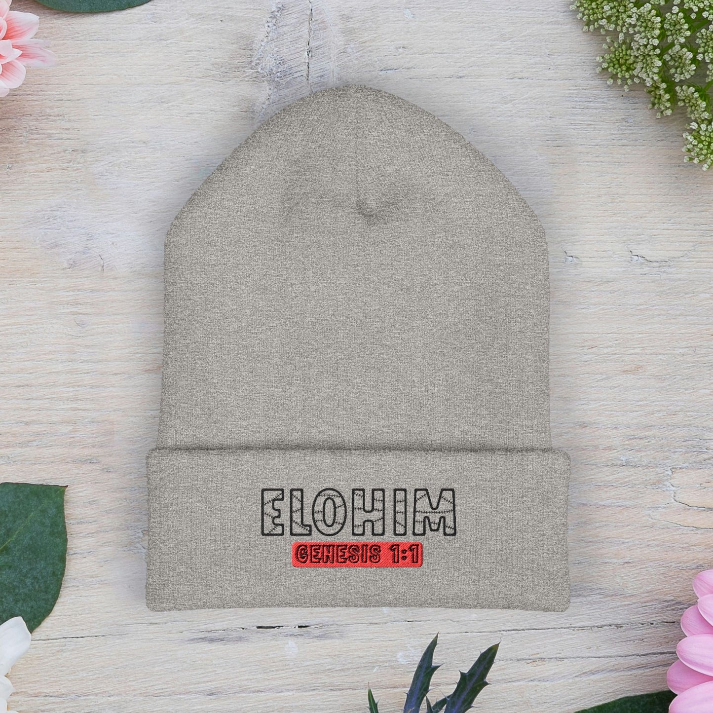 Embroidered 'ELOHIM, GENESIS 1:1' Classic Cuffed Beanie - Cozy Winter Hat, Streetwear Accessory, Personalized Gifts, Religious Apparel, Unisex Beanie