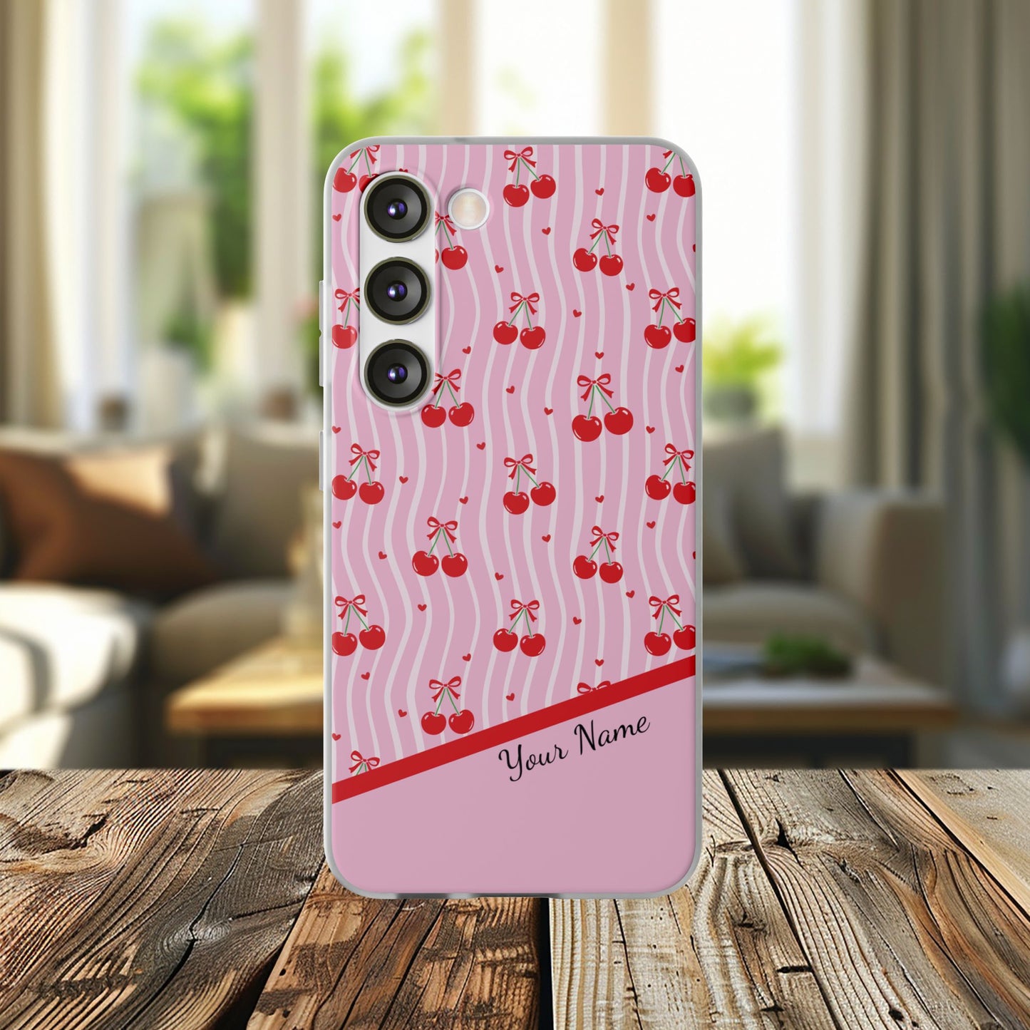 Personalized Cherry Blossom Dreams Flexi Case — Pink Retro Cherry iPhone® 7/8, 11, 12, 13, 14, 15, 16, 17, X/XS, SE, XR, Mini, Pro, Pro Max, Plus Cases.