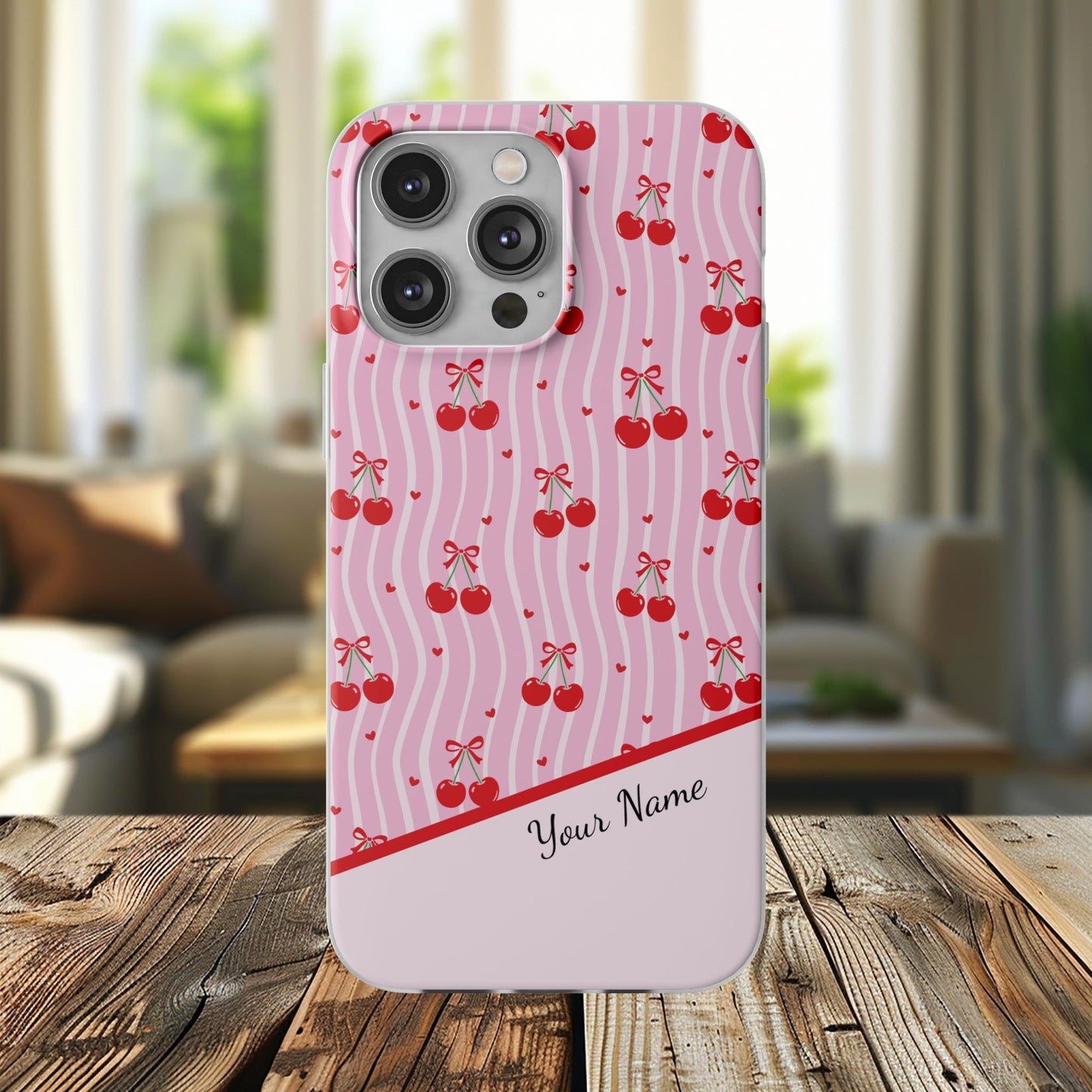 Personalized Cherry Blossom Dreams Flexi Case — Pink Retro Cherry iPhone® 7/8, 11, 12, 13, 14, 15, 16, 17, X/XS, SE, XR, Mini, Pro, Pro Max, Plus Cases.