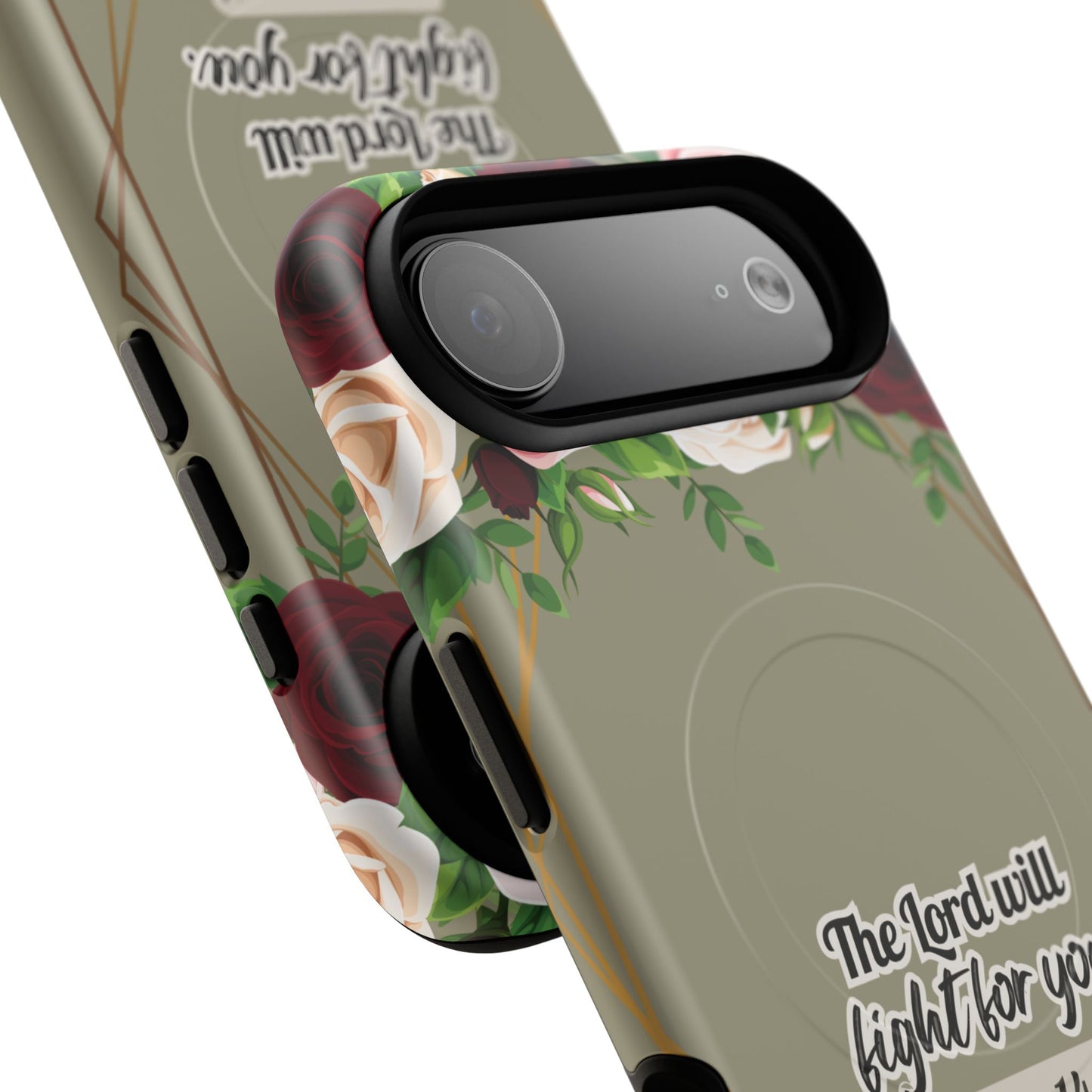 The Lord will Fight for You Exodus 14:14, Inspirational Gift, Tough iPhone Magnetic Case Scripture, Roses Bible Verse, MagSafe® iPhone® Tough Case, iPhone 14, iPhone 15, iPhone 16, Pro, Pro Max, Plus.